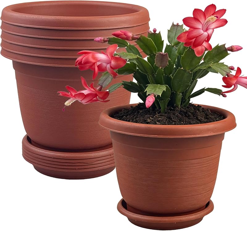 6Pack 15.5cm/6.1-in Plant Pots Indoor Plastic Flower Pots with Drainage Holes and Saucers Modern Decorative Planters Succulent Indoor Outdoor Plants - Terracotta