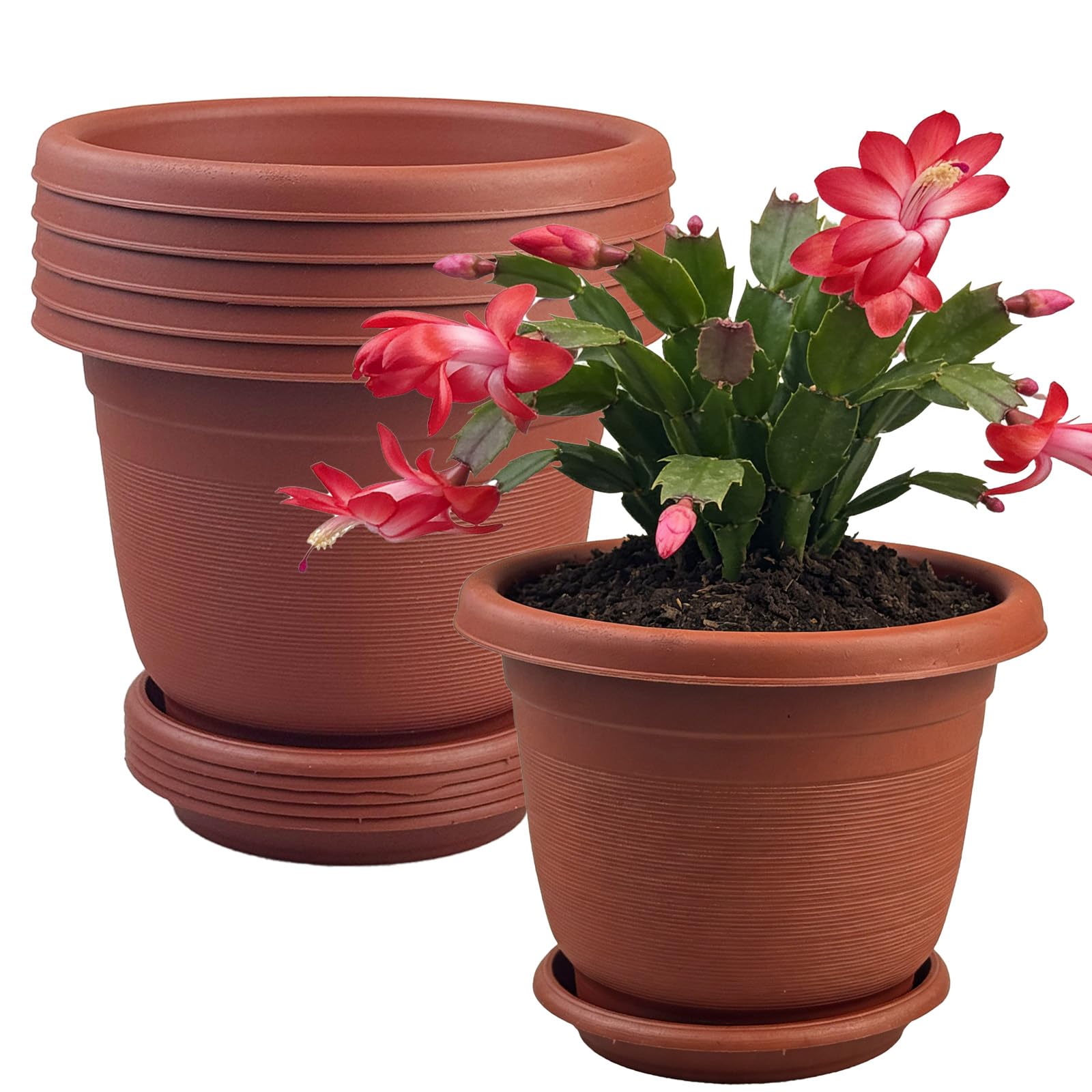 6Pack 15.5cm/6.1-in Plant Pots Indoor Plastic Flower Pots with Drainage Holes and Saucers Modern Decorative Planters Succulent Indoor Outdoor Plants - Terracotta - 1