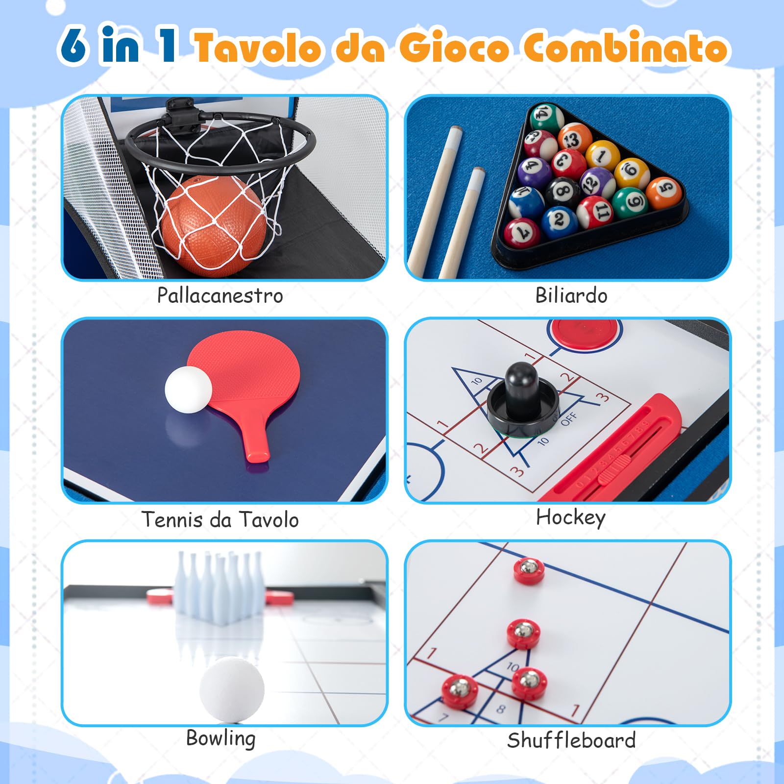 RELAX4LIFE Tavolo da Gioco 6 in 1, Set di Tavolo da Gioco Combo con Basket, Biliardo, Ping Pong, Hockey, Shuffleboard, Bowling per Casa, Stanza dei Giochi, Feste, Serate in Famiglia