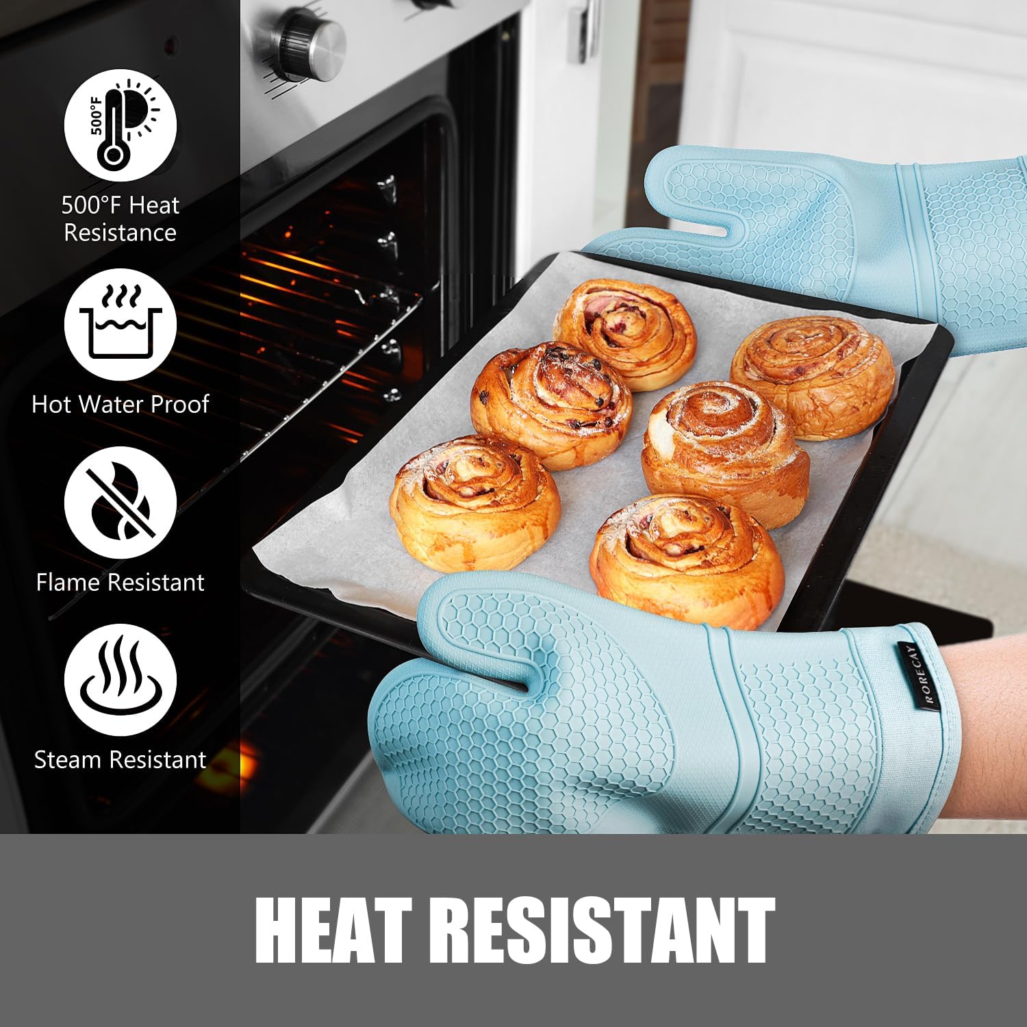 Rorecay 6pcs Oven Mitts and Pot Holders Sets, Extra Long Silicone Oven Gloves Heat Resistant 500 Degrees Non-Slip Potholders Hot Pads for Kitchen Baking Cooking, Quilted Liner, Winter Sky - Image 5