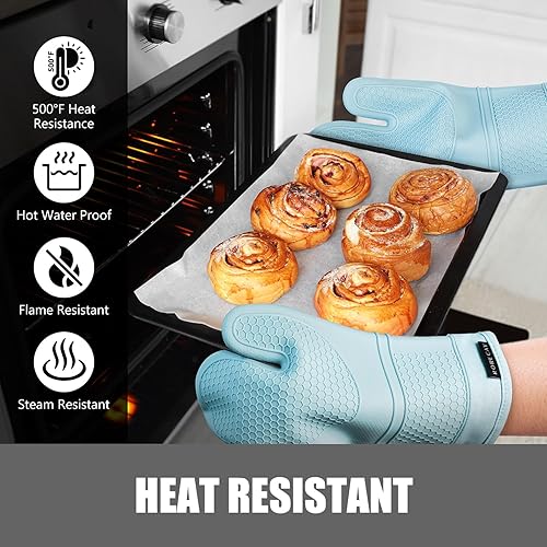 Miniatura 79 de Rorecay Juego de 6 manoplas de horno y soportes para ollas, guantes de silicona extra largos para cocina, resistentes al calor, 500 grados, Milkshake