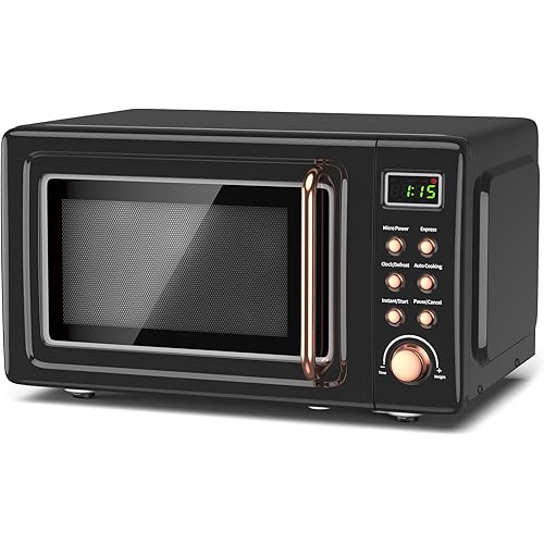 Moccha Retro Microwave, 0.7Cu.ft Compact Microwave, 700-Watt Countertop Microwave Ovens w/5 Micro Power, Delayed Start Function, LED Display, Child Lock, Small Microwave (Black)