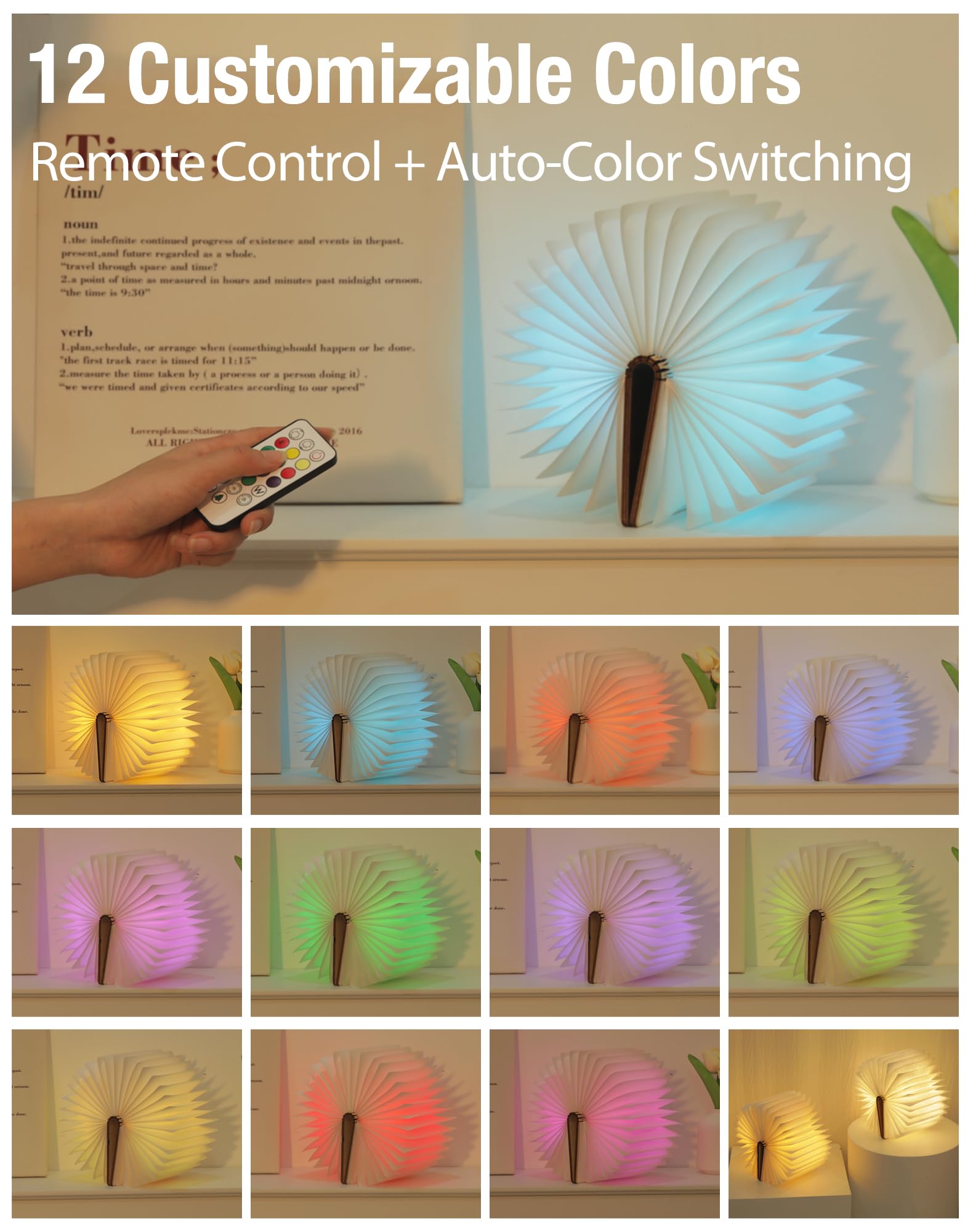 ZBOLE Unique Gifts for Book Lovers Women, 12 Colors Portable Book Lamp with Remote, Folding Book Light, Lovely Gift for Christmas, Birthday, Back to School & Bookshelf & Home Decor (Walnut)