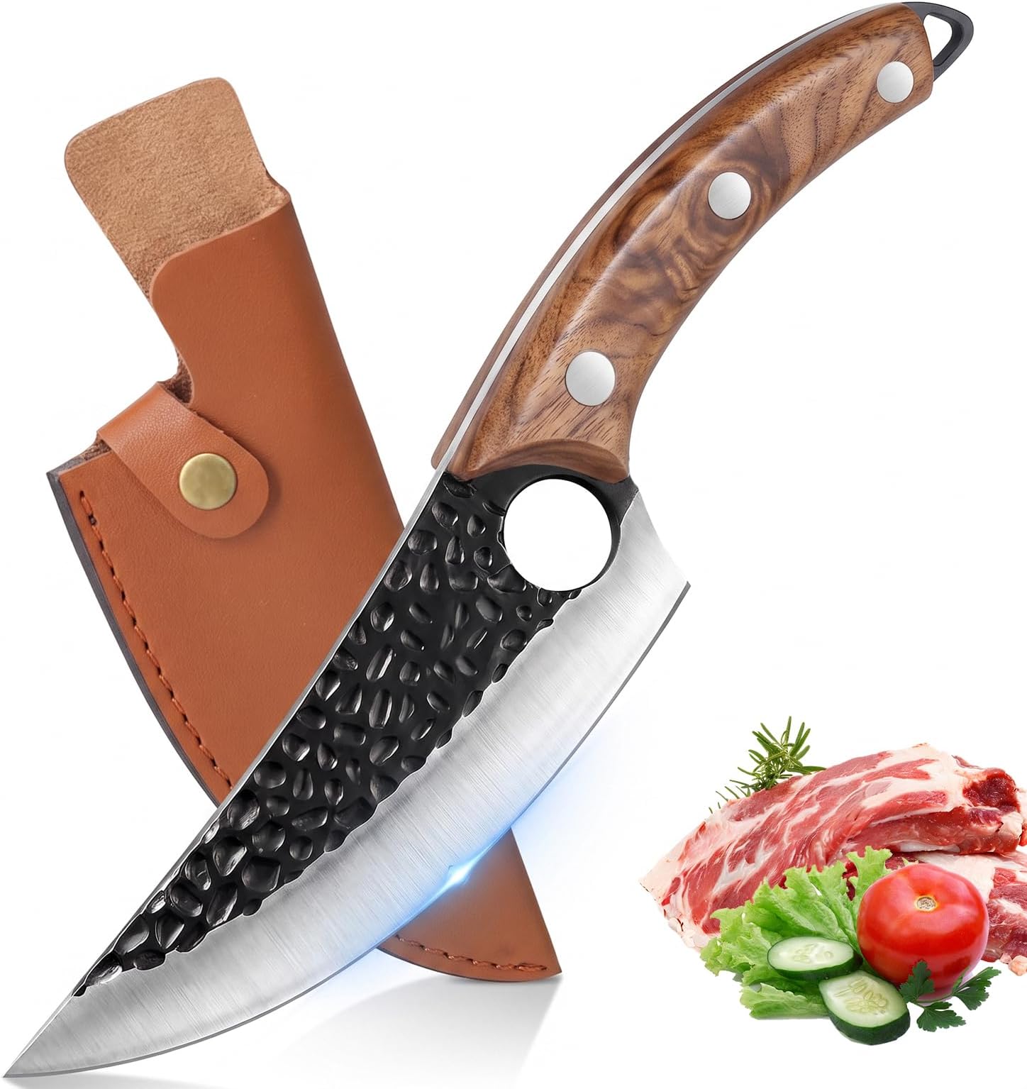 ZENG 7" Chef Knife, Hand Forged Butcher Knives with Sheath, High Carbon Steel Japanese Knife Meat Cleaver Knife for Kitchen Meat Cutting, Viking Style Knives for Camping, Hunting, BBQ, Gifts for Men