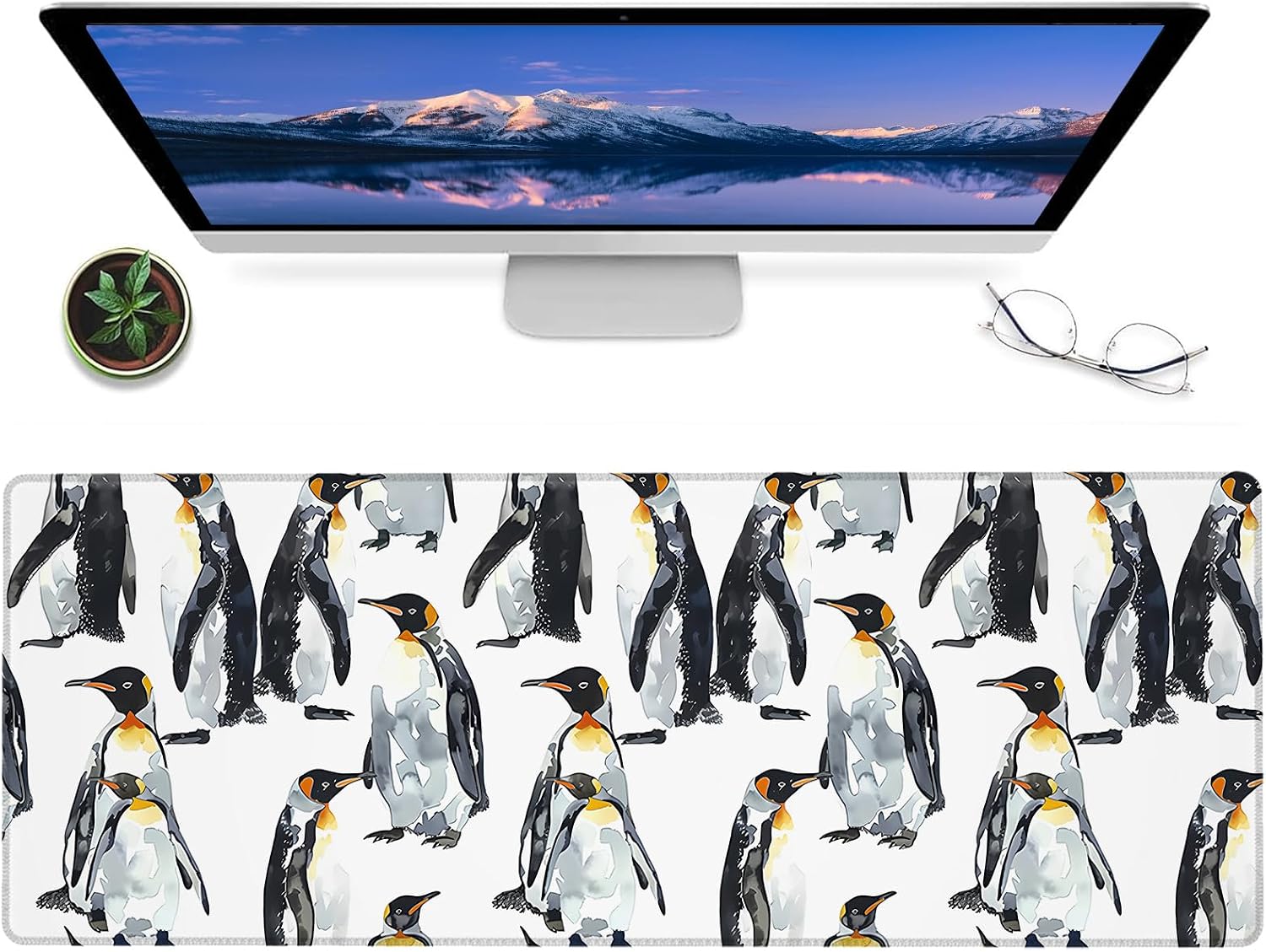 Cute Penguin Gaming Mouse Pad,12x31.5in Non-Slip Rubber Adorable Winter Playful Animal Desk Mat,Large Extended Mousepad for Office Home Laptop,Mice Pads Gifts,Game Lover Deskmat Decor