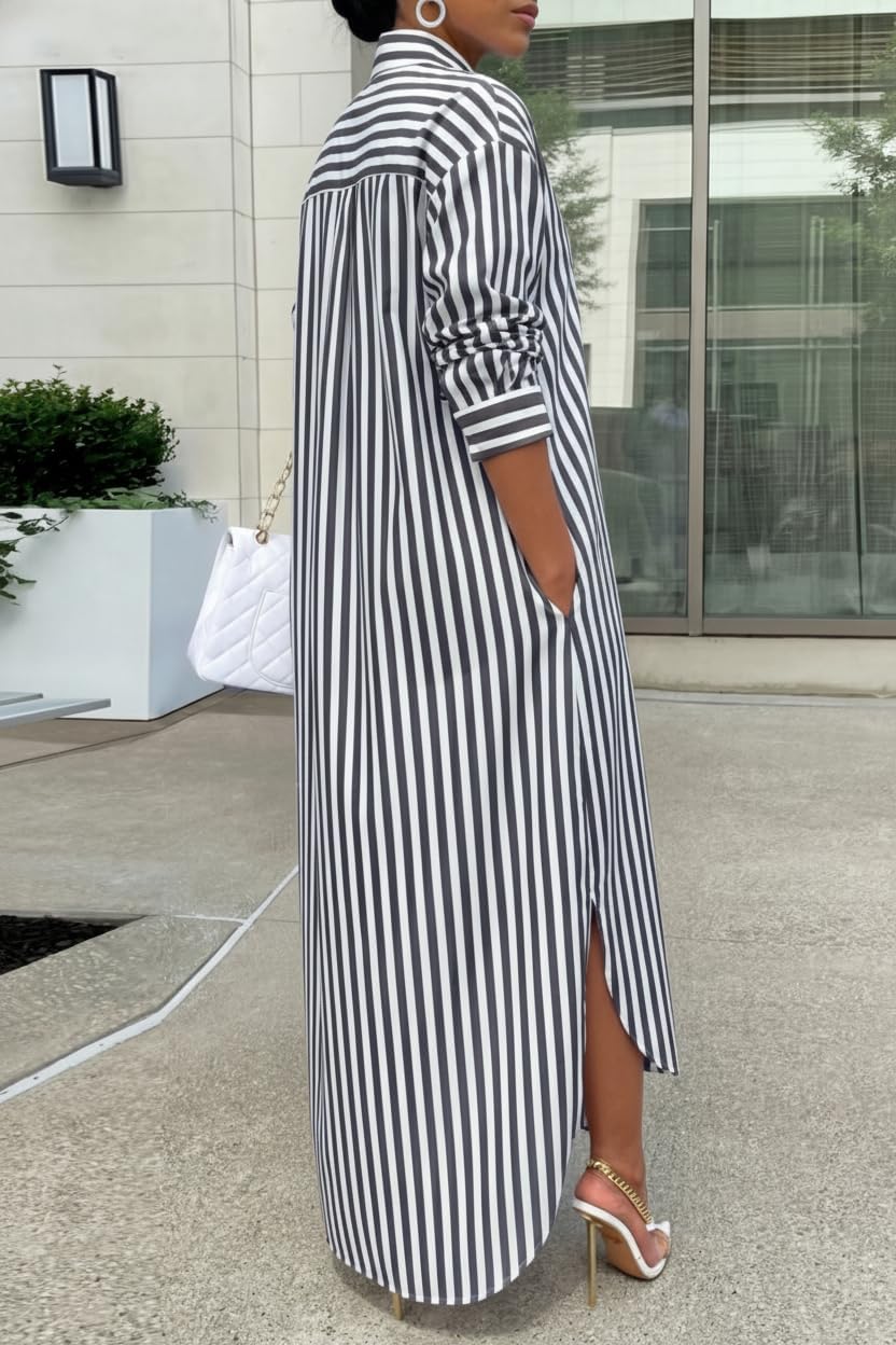 Choichic Shirt Dresses for Women Cotton Button Down Oversized Striped Maxi Dress Cover Up with Pockets - Image 3