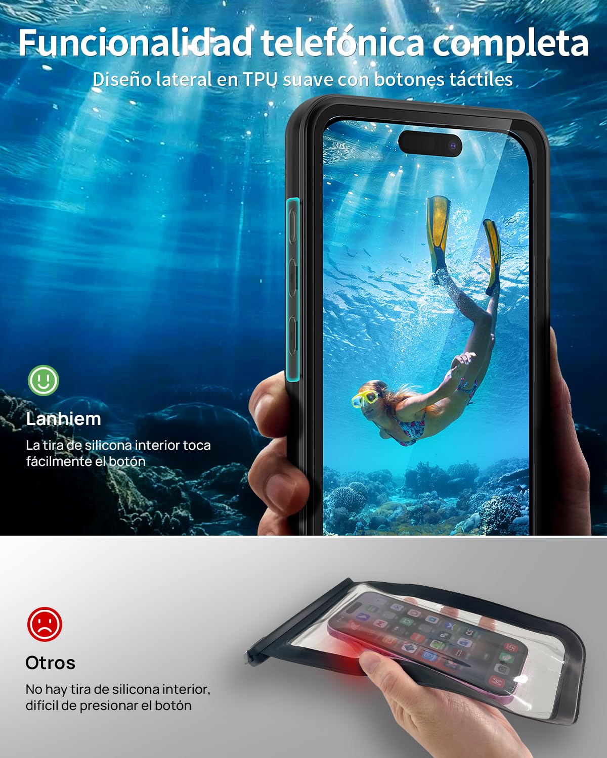 Lanhiem Funda IPX8 15M Impermeable Móvil para iPhone 17/16/16 Pro/15/15 Pro/14/14 Pro/13/13 Pro,Sumergible Carcasa de Fotografía Buceo Profesional, Bolsa Acuatica Movil para iPhone 13-17(6.1-6.3'')