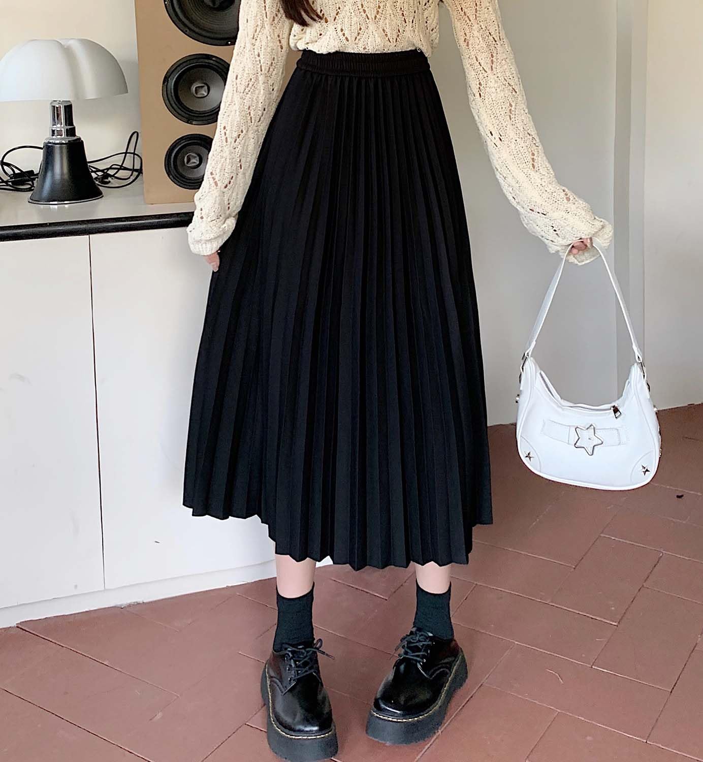 Jupe plissée midi pour femme - Taille haute - Élastique - Ligne A - Jupe longue pour femme - Automne Hiver - Tendance et décontractée