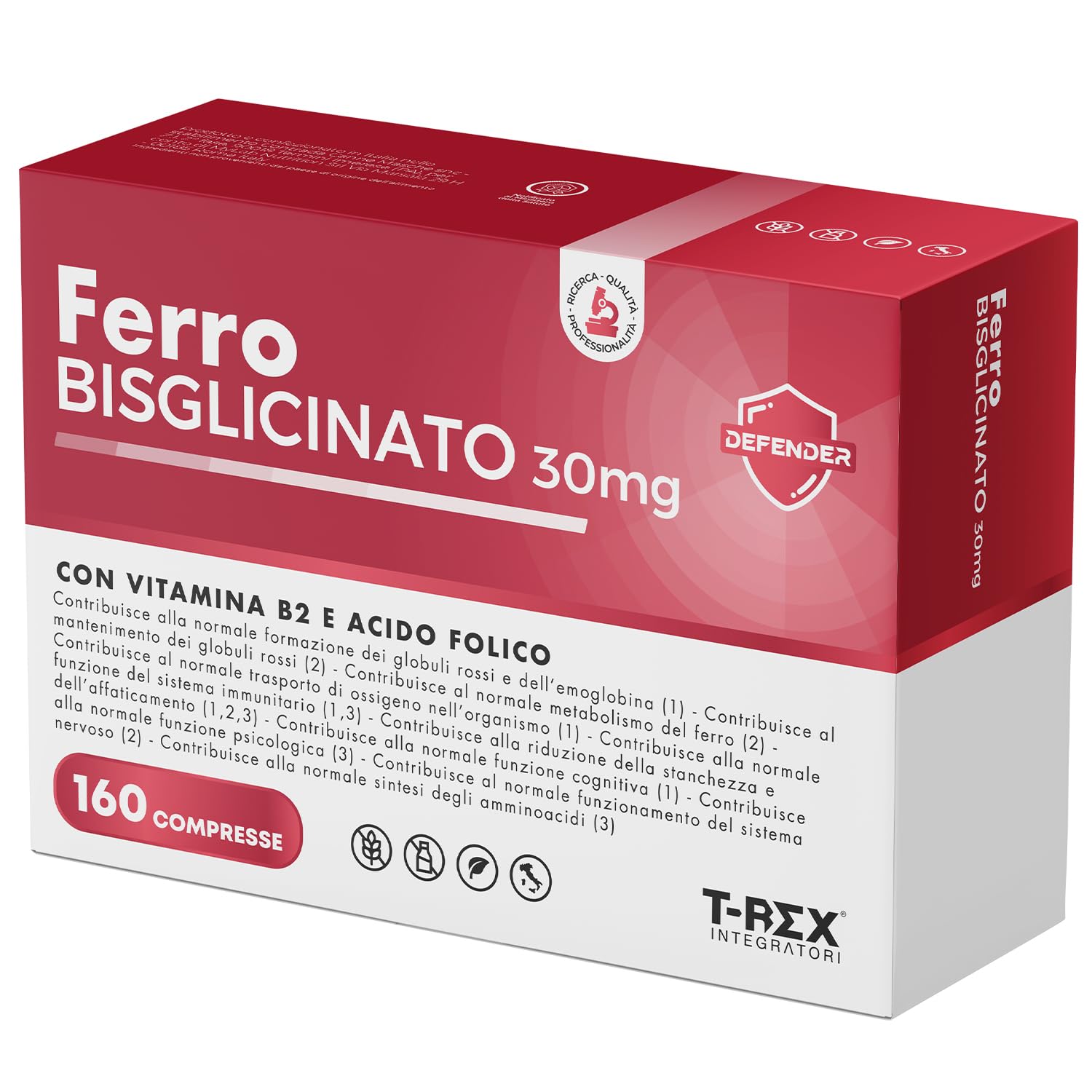 Ferro Integratore 30 mg Con Acido Folico e Vitamina B2-​160 compresse - Per Globuli Rossi, Ossigeno, Sistema Immunitario, Stanchezza e Benessere Mentale