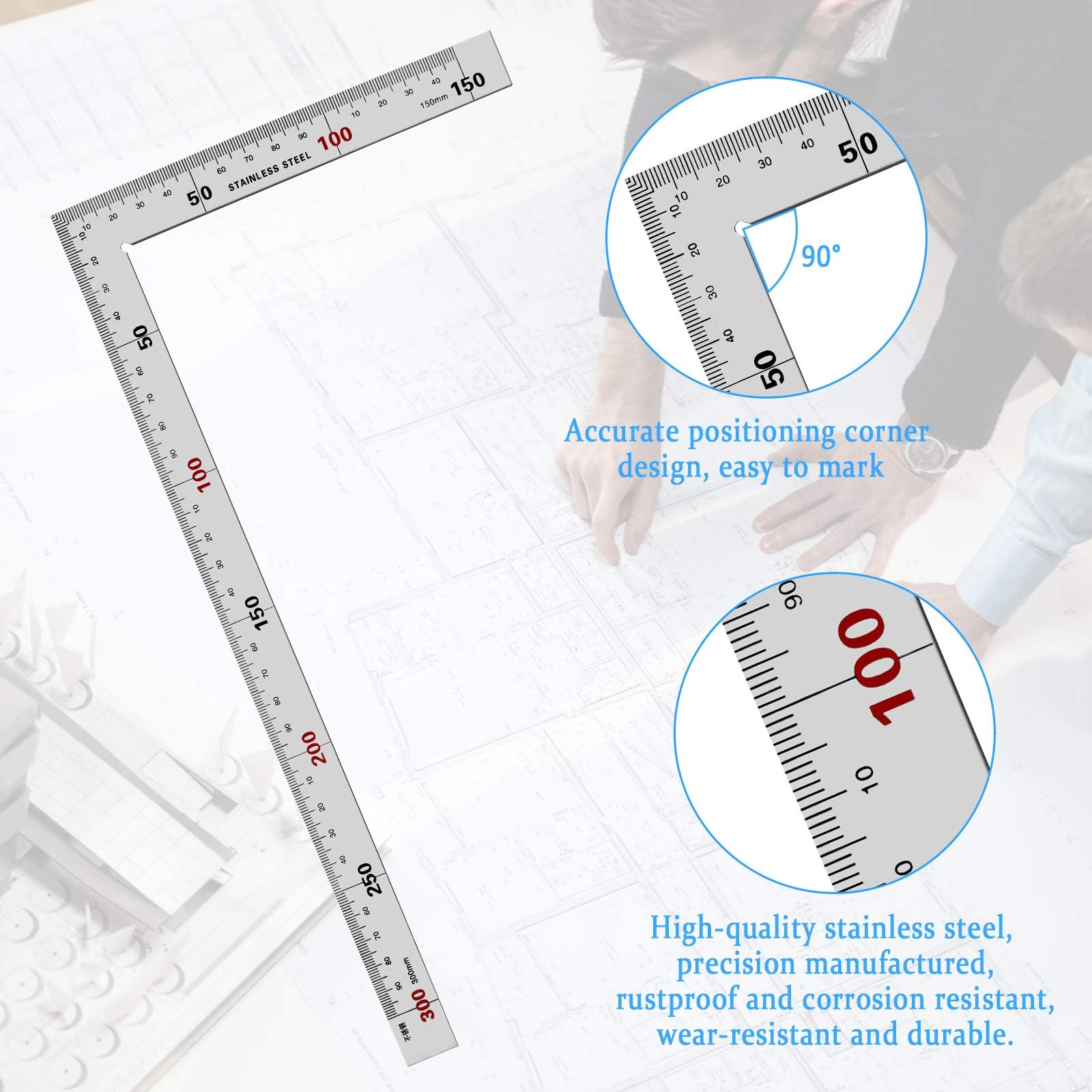 2 Pezzi Righello ad Angolo Retto in Acciaio Inox 150 x 300mm Squadretta da Carpentieri 90°Righello Quadrato Strumento per Falegname Ingegnere Artigiano
