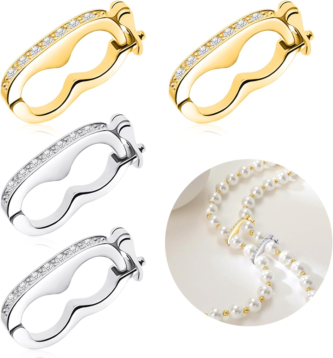 4PCS Necklace Shortener Clasp Pearl Enhancer Connector Clasps Cubic Zirconia Bracelet Push Clasps with Secure Lock for Jewelry Making DIY Crafts Necklace Chain Clip Bead Crystal Gemstone Clasp