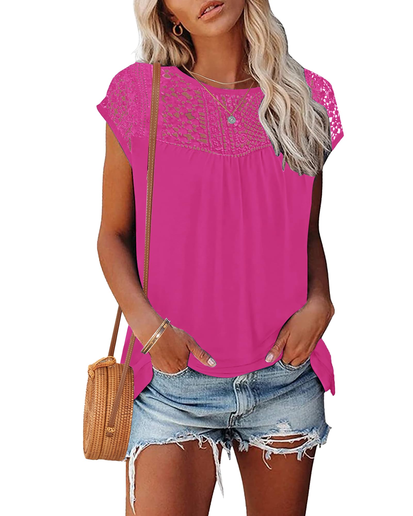 WNEEDU Damen Sommer Tshirt Spitzen Oberteile Kurzarm Top Rundhals Basic Shirt Bluse Elegant