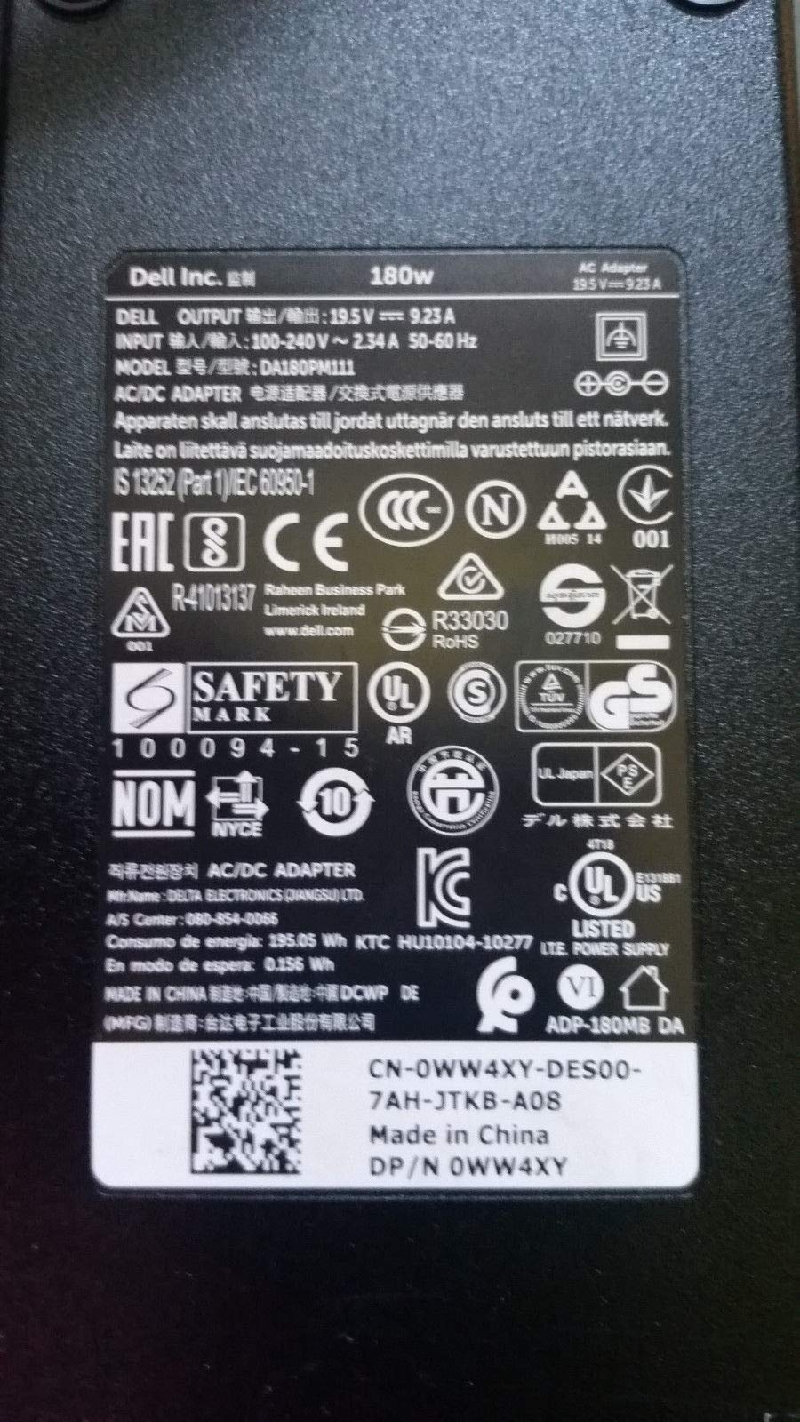 Dell DA180PM111 originale alimentatore 180 watt forma sottile per Inspiron 9100, XPS (M2010), Latitude 14 (E6420)