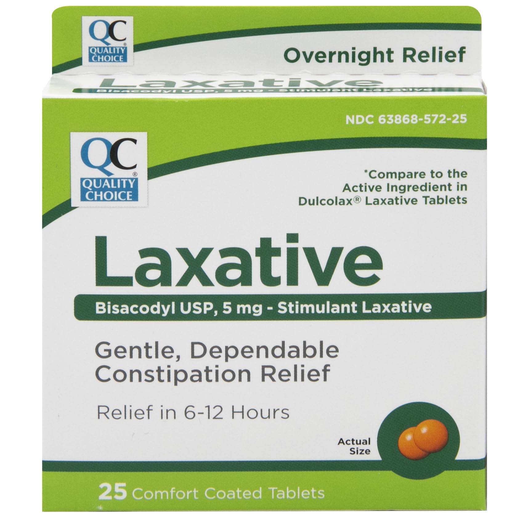 Quality ChoiceLaxatives for Constipation Relief - Bisacodyl 5mg Tablets, Comfort Coated Stimulant Laxative. Overnight Relief, 25 Count. Relief of Occasional Constipation and Irregularity.