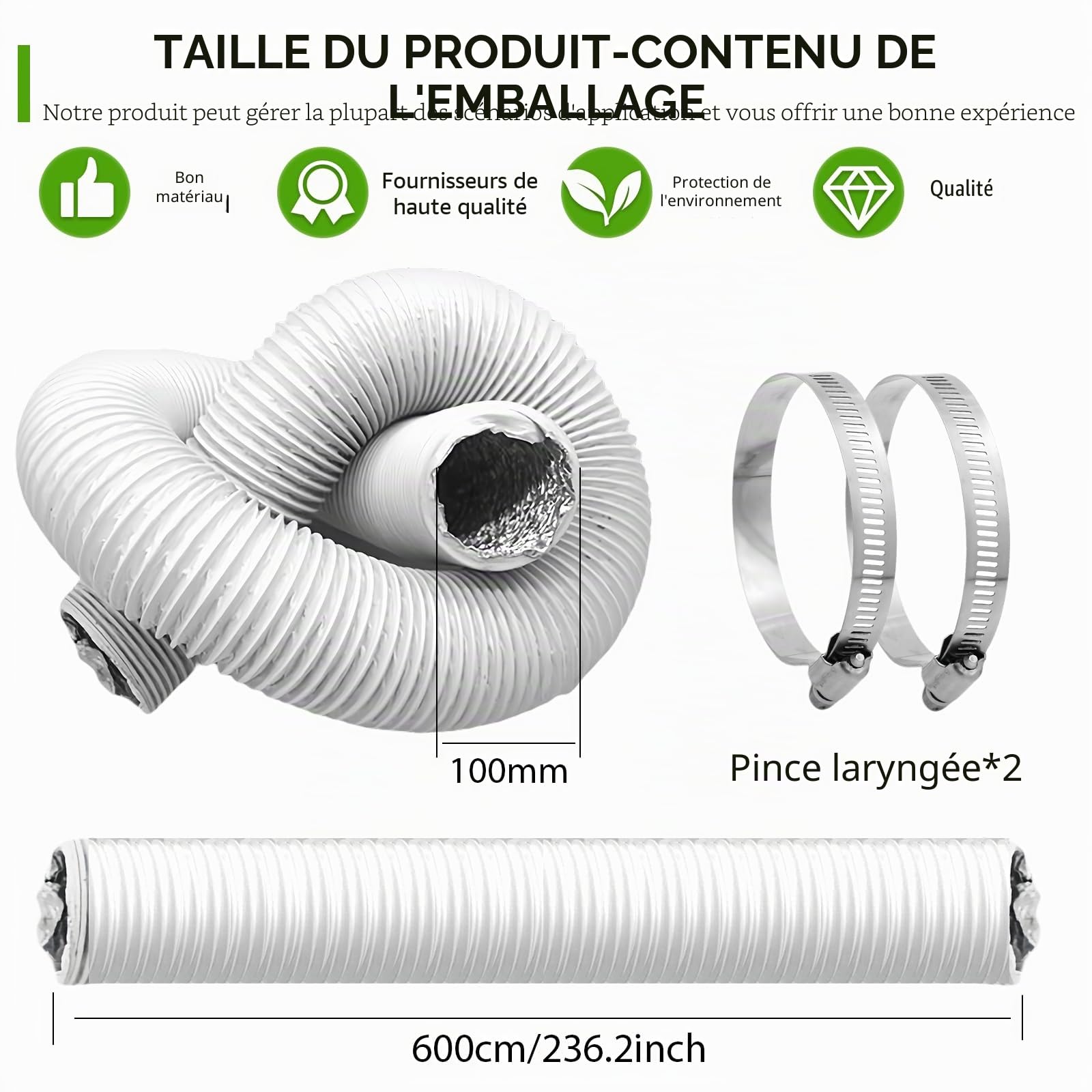 Tuyau d'évacuation d'air - Diamètre : 100 mm - Longueur : 6 m - Flexible - En PVC - Pour climatisation mobile, sèche-linge, hotte aspirante