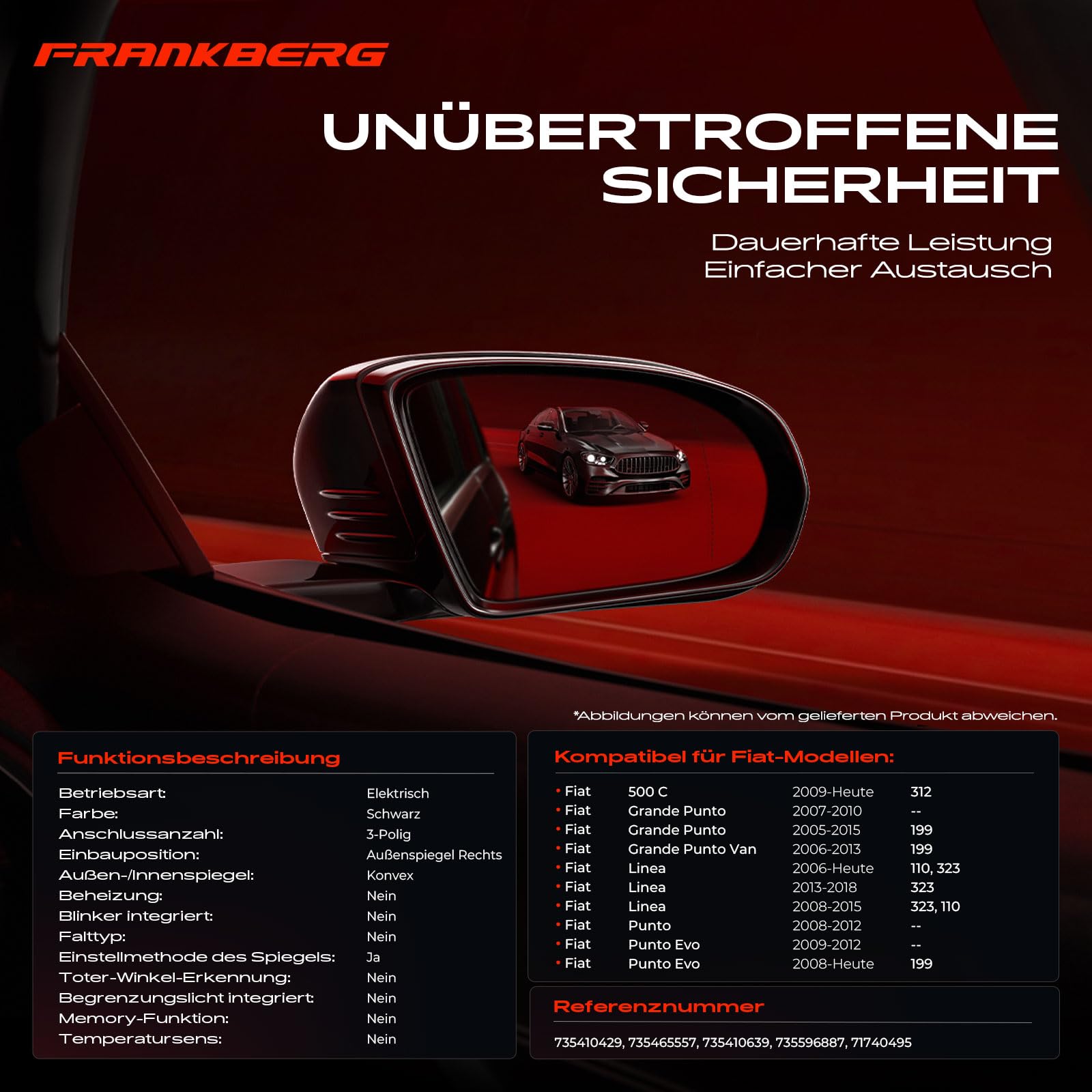 Frankberg Specchietto Retrovisore destro lato passeggero Compatibile con Punto Evo 199 Grande Punto 199 500 C 312 Linea 323_ 110_ Linea 110 323 Replace# 735410429