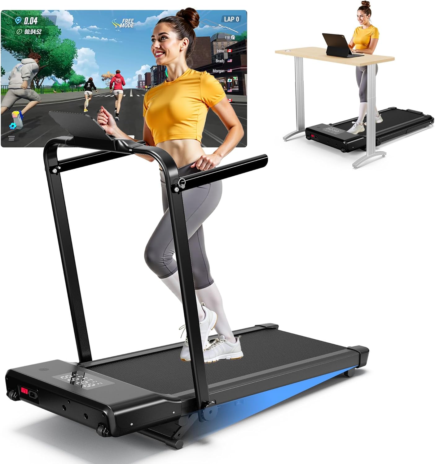 Walking Pad Treadmill with Handle Bar 300 LBS Capacity Foldable Treadmills for Small Space 3-in-1, 3.0HP Portable Under Desk Treadmill for Home Office with LED Display Remote APP Control