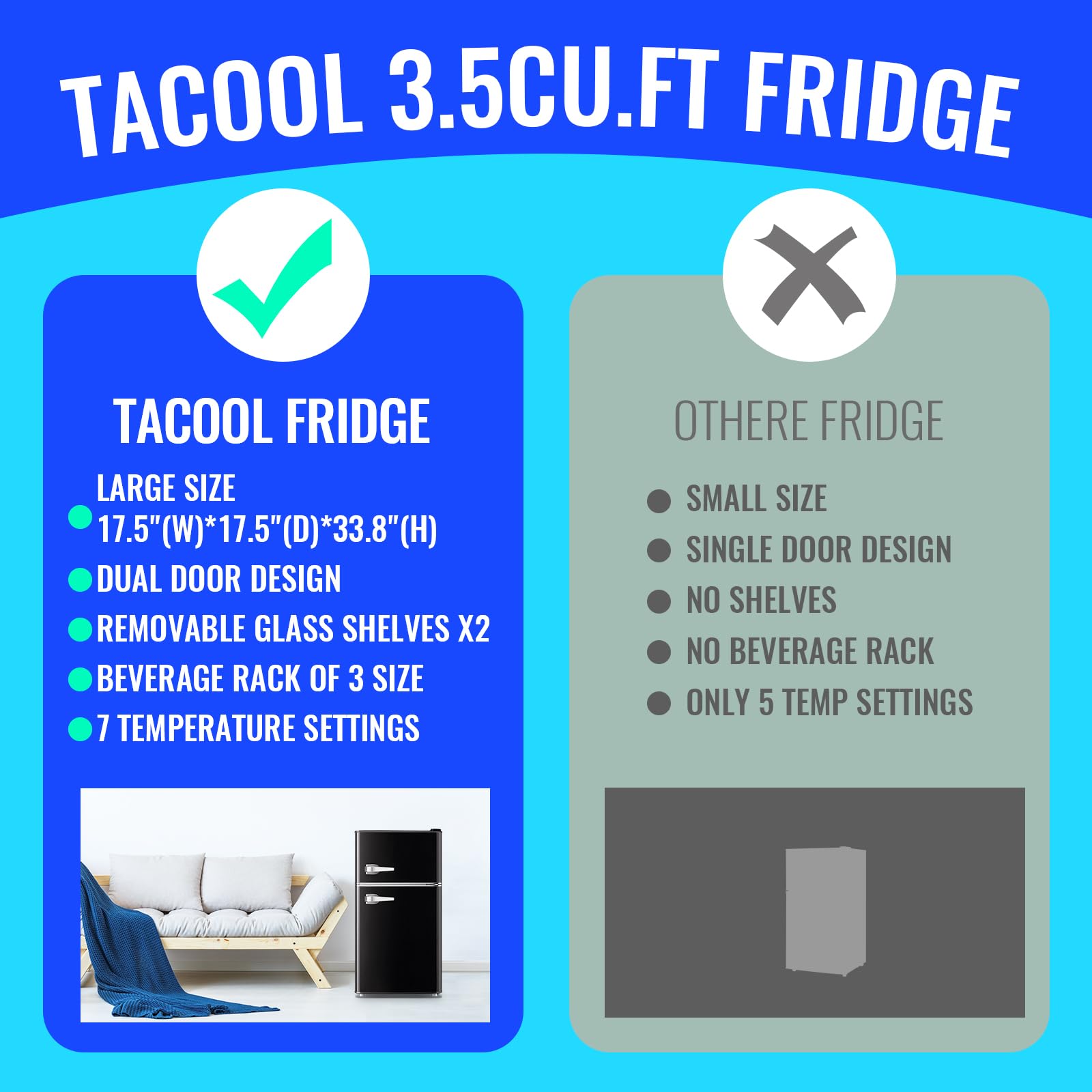 Tacool Mini Refrigerator With Freezer Small Fridge Double Door Side Drink Holder Adjustable Glass Shelves, Plastic Crisper, 7 Level Temperature Control For Bedroom, Office, Apartment Black on Fridge.com - View 6