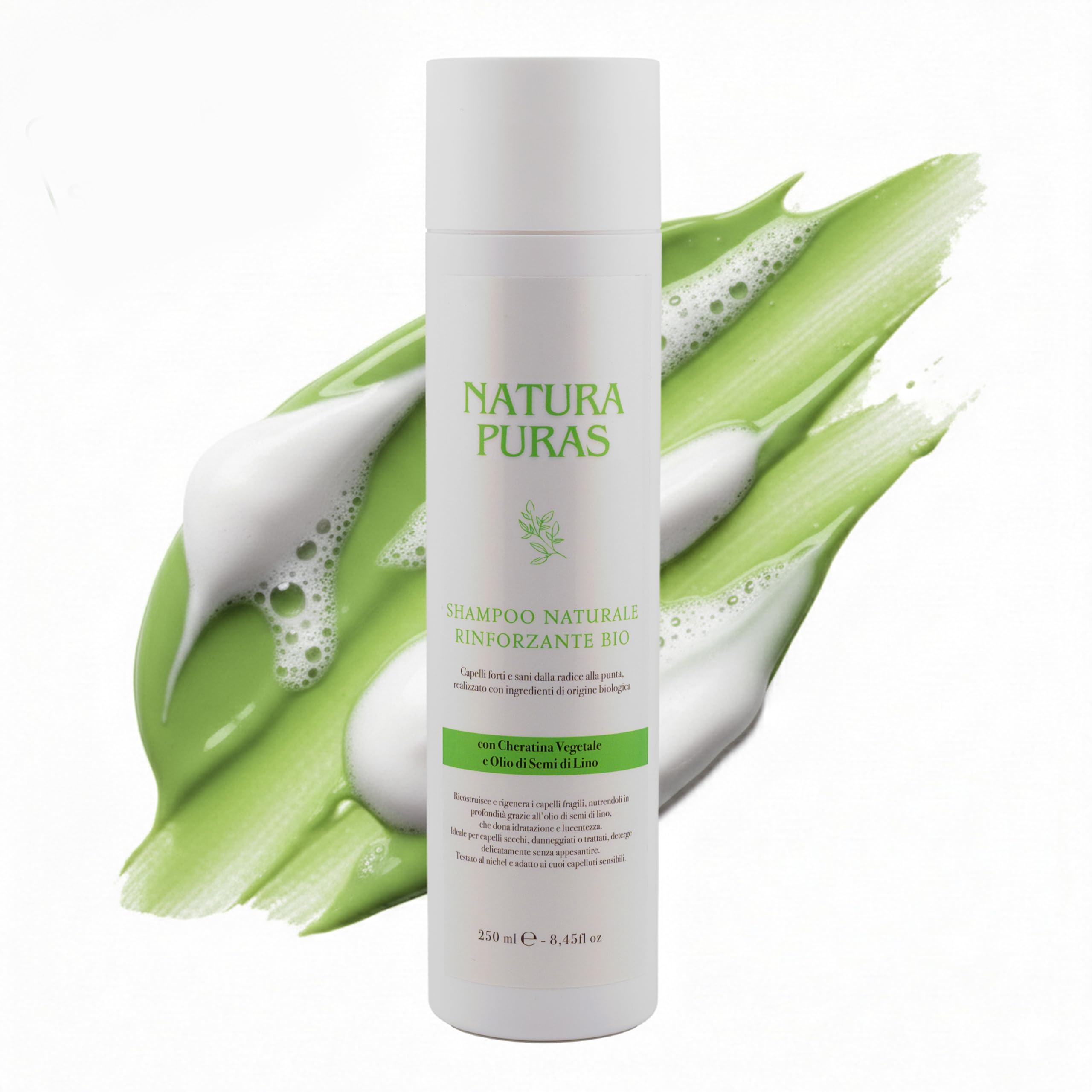 Shampoo Biologico Cute Sensibile 250 ml NaturaPuras | Aloe Vera, Cheratina Vegetale, Olio di Semi di Lino, Senza Siliconi e Solfati, Rinforza Capelli Secchi e Danneggiati