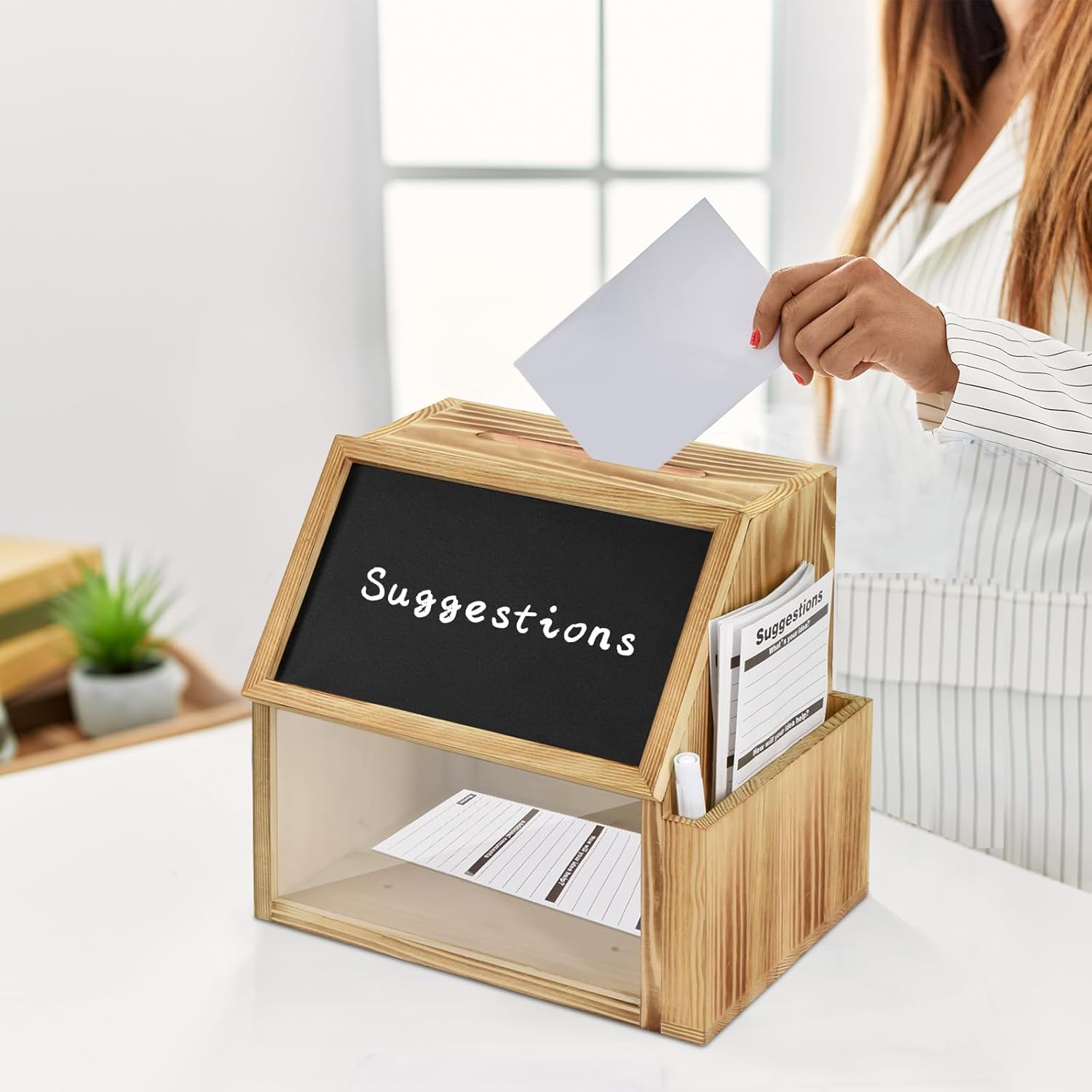 Holz-Vorschlagsbox mit Schloss,Spendenbox/Wahlurne mit Schlitzschloss und Kreidetafel, Geldbox für Trinkgelder, Vorschläge, Stimmzettel und Kommentare, inklusive Schlüsseln,Vorschlagskarten,Stift