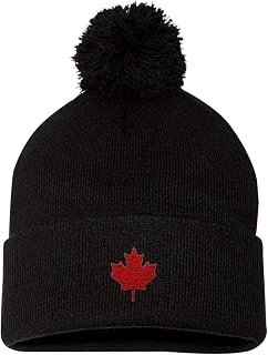 Adult Canada Maple Leaf Embroidered Knit Beanie Pom Cap