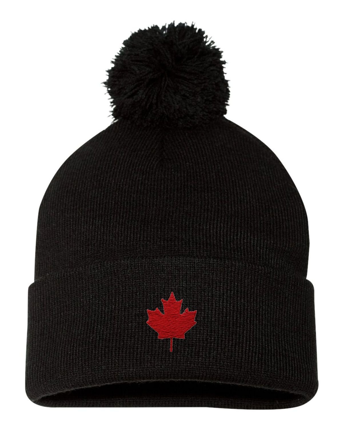 One Size Black Pom Canada Maple Leaf Embroidered Knit Beanie Pom Cap