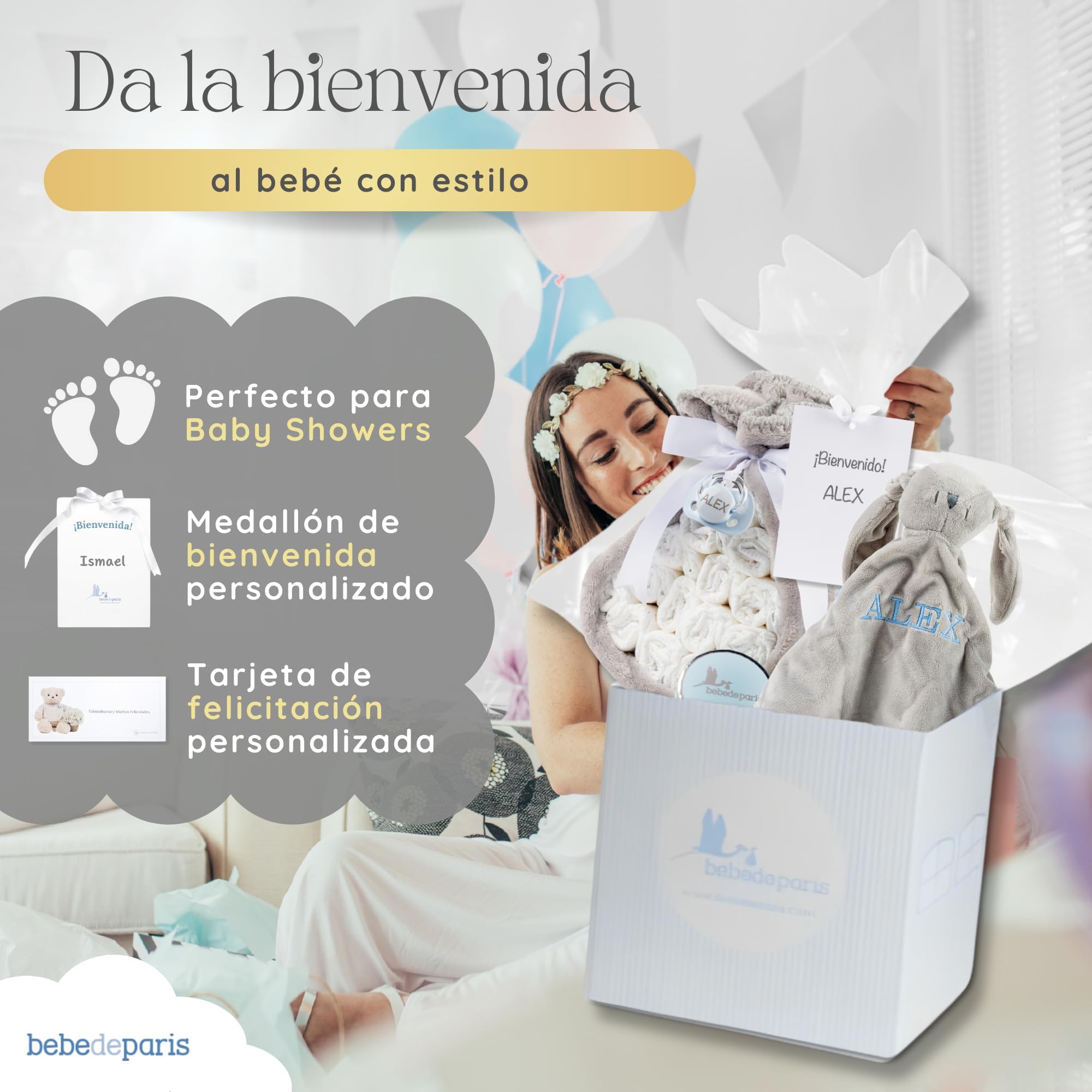 Tarta de Pañales para Recién Nacida + Manta Gris Bordada con nombre + 15 pañales Moltex Premium | ecológicos | Talla 2 (3 a 6 Meses) + Chupete Personalizado (Azul) | BebeDeParis