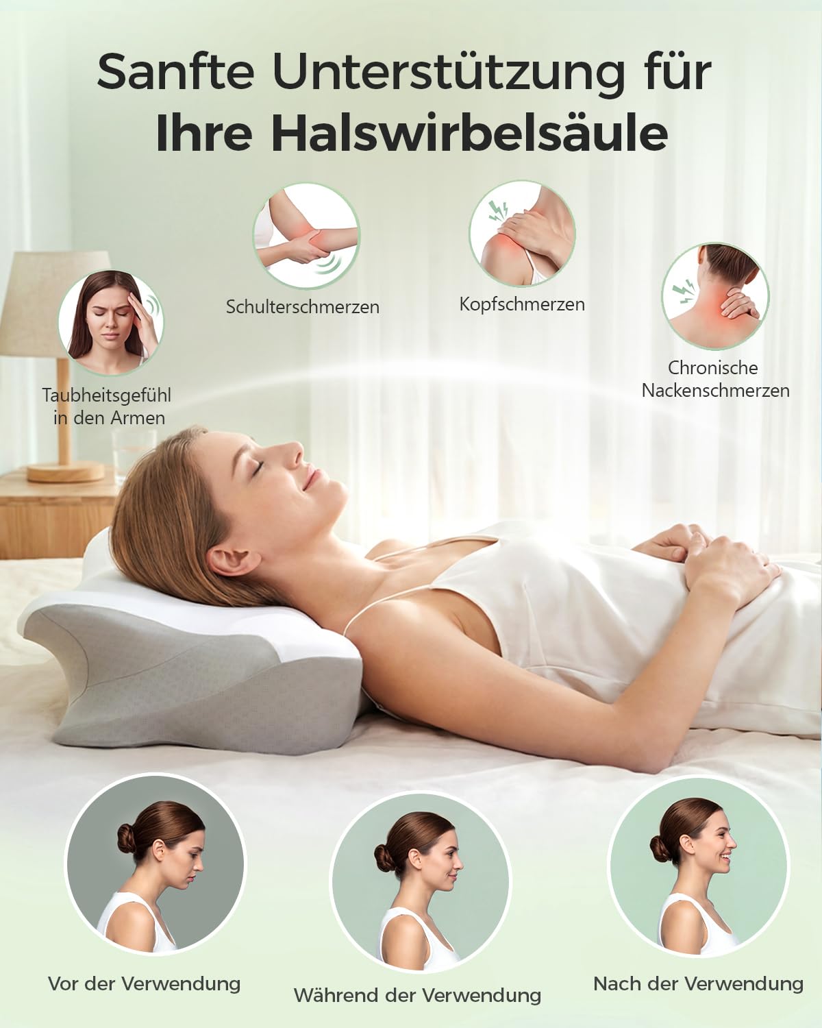Almohada cervical ortopédica de espuma viscoelástica, cojín cervical ergonómico para una comodidad óptima para dormir, con zona de apoyo para brazos para dormir de espalda, estómago y de lado