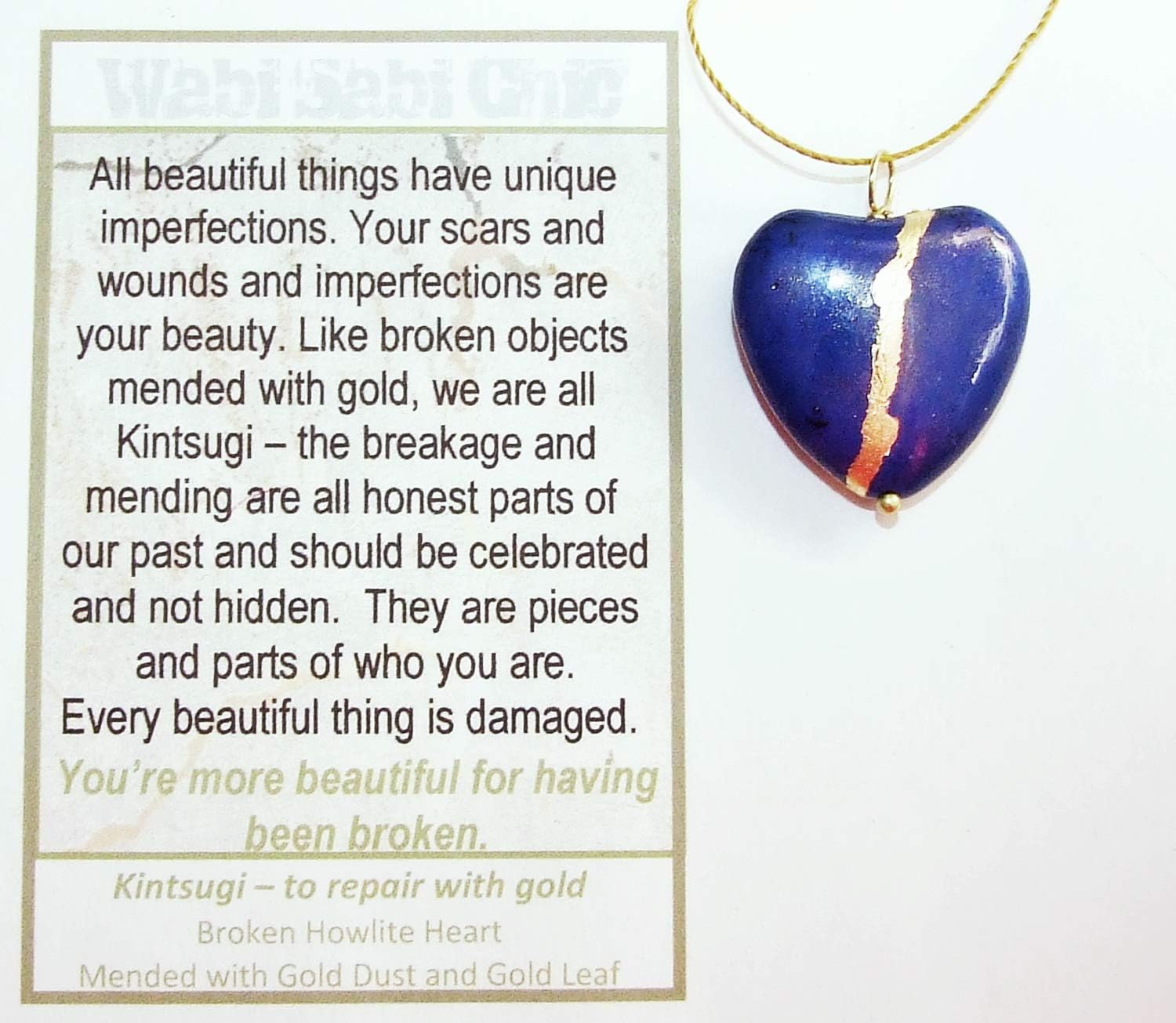 Large 1" Lapis-Blue Howlite Broken Heart Mended with 23kGold, Kintsugi Cord Necklace
