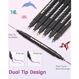 Lictin Temporary Tattoo Markers for Skin, 7 Colors Dual-End Skin Tattoo Pens with 50 Tattoo Stencils, Metallic Body Markers for Kids Teens and Adults, Flexible Brush Tip, Cosmetic-Grade