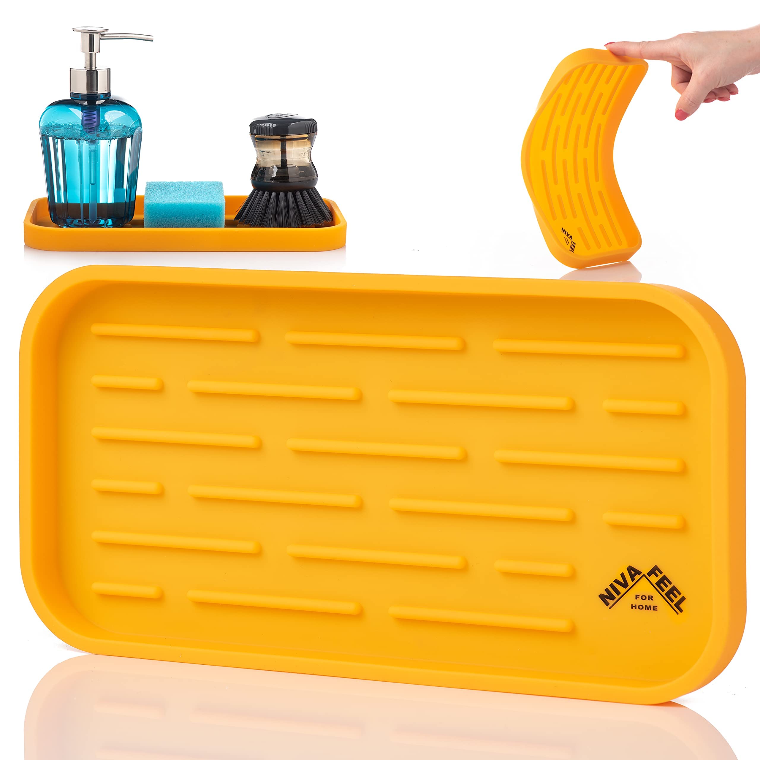 Kitchen Sink Tray, Silicone Sponge Holder, Silicone Caddy Organizing Tray, Silicone Sink Tray, Countertop Protector, Dish Soap Mat with 6 Vibrant Colors