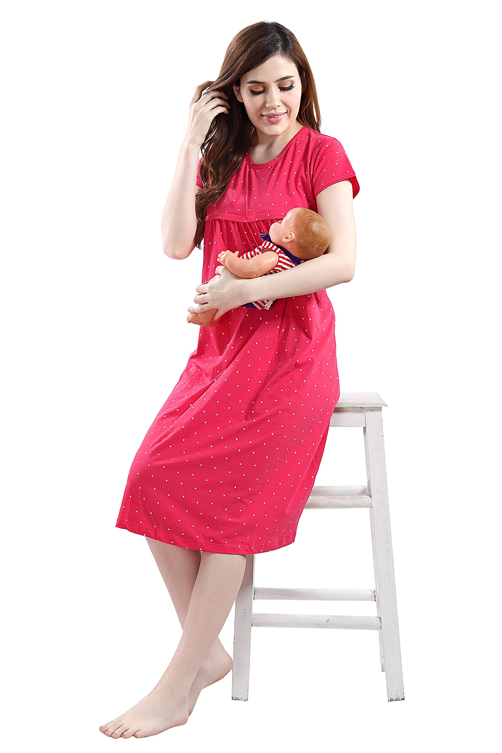 AV2 Women's Cotton Floral Calf Length Maternity Nighty (3094BL_Red_L) - Image 9 thumbnail