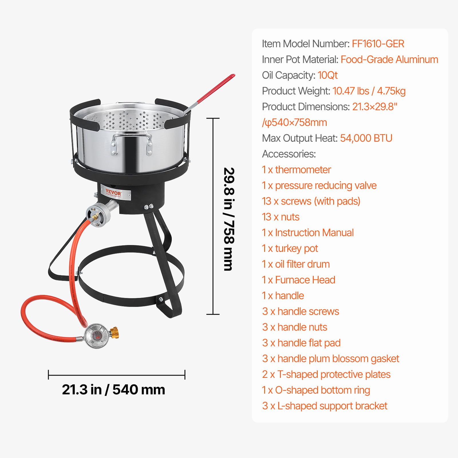 VEVOR Friteuse à poissons, friteuse à ailes, 9,35 l, en aluminium, avec thermomètre, panier à tamis et brûleurs au propane 54 000 BTU, pour cuisiner en plein air