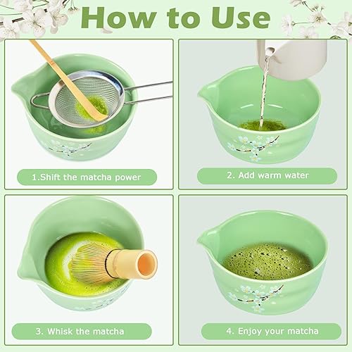 Miniatura 6 de Juego de batidor de matcha, 7 piezas de té de cerámica con cuenco, batidor de matcha y soporte, cuchara de bambú, reposo, tamiz y toalla de té,