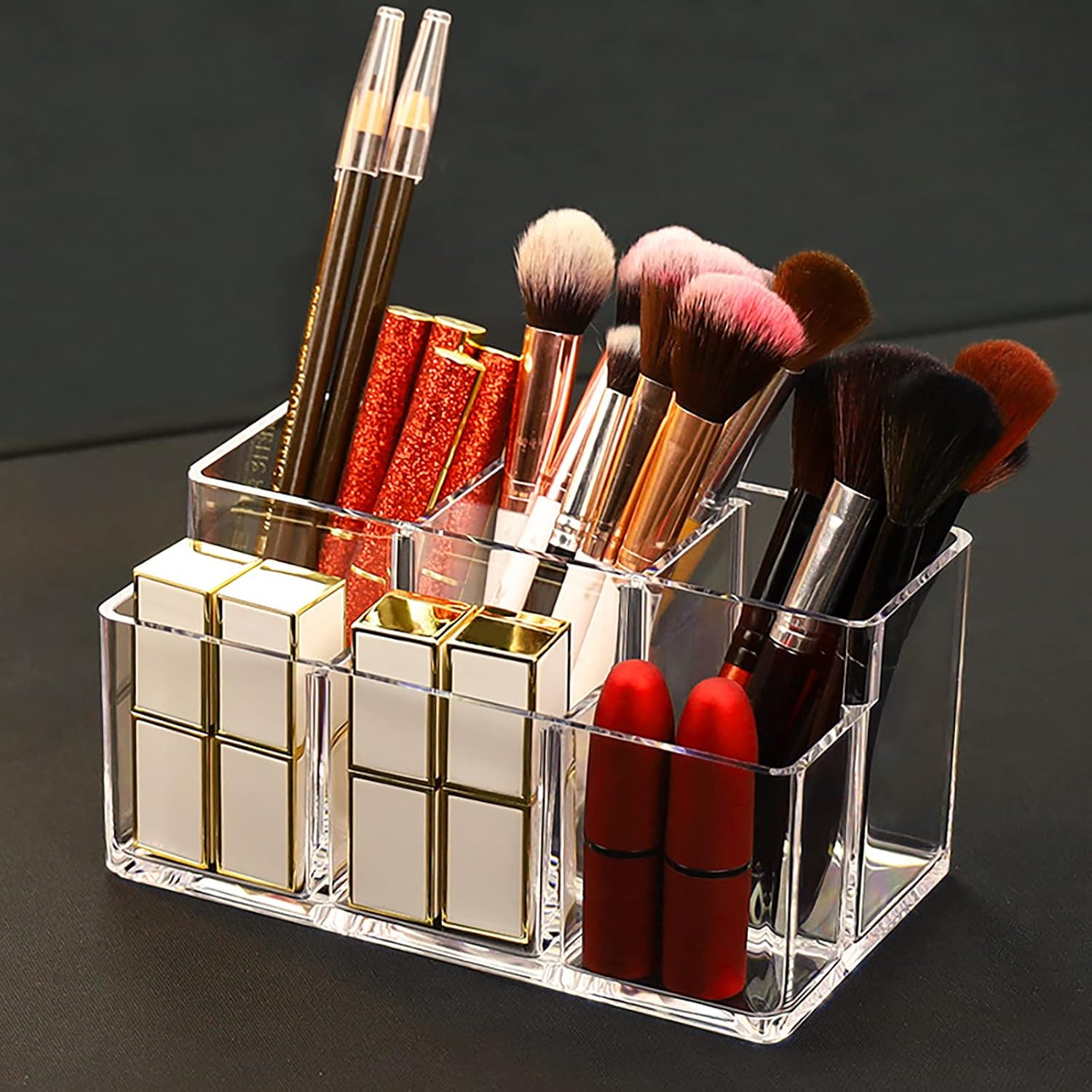 Foraineam 2 Pack Acrylic Makeup Brushes Holder with 6 Slots, Clear Pen Pencil Organizer Desktop Stationery Storage Container, Vanity Cosmetic Eyeliners Eyebrow Pencil Display Case