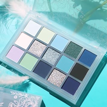 UCANBE 15 Color Eyeshadow Palette Shimmer Matte Glitter Metallic Cool Tones Shades in White, Blue, Green, Mint, Teal, Navy High Pigemented Blendable Eye Makeup Palette Kit