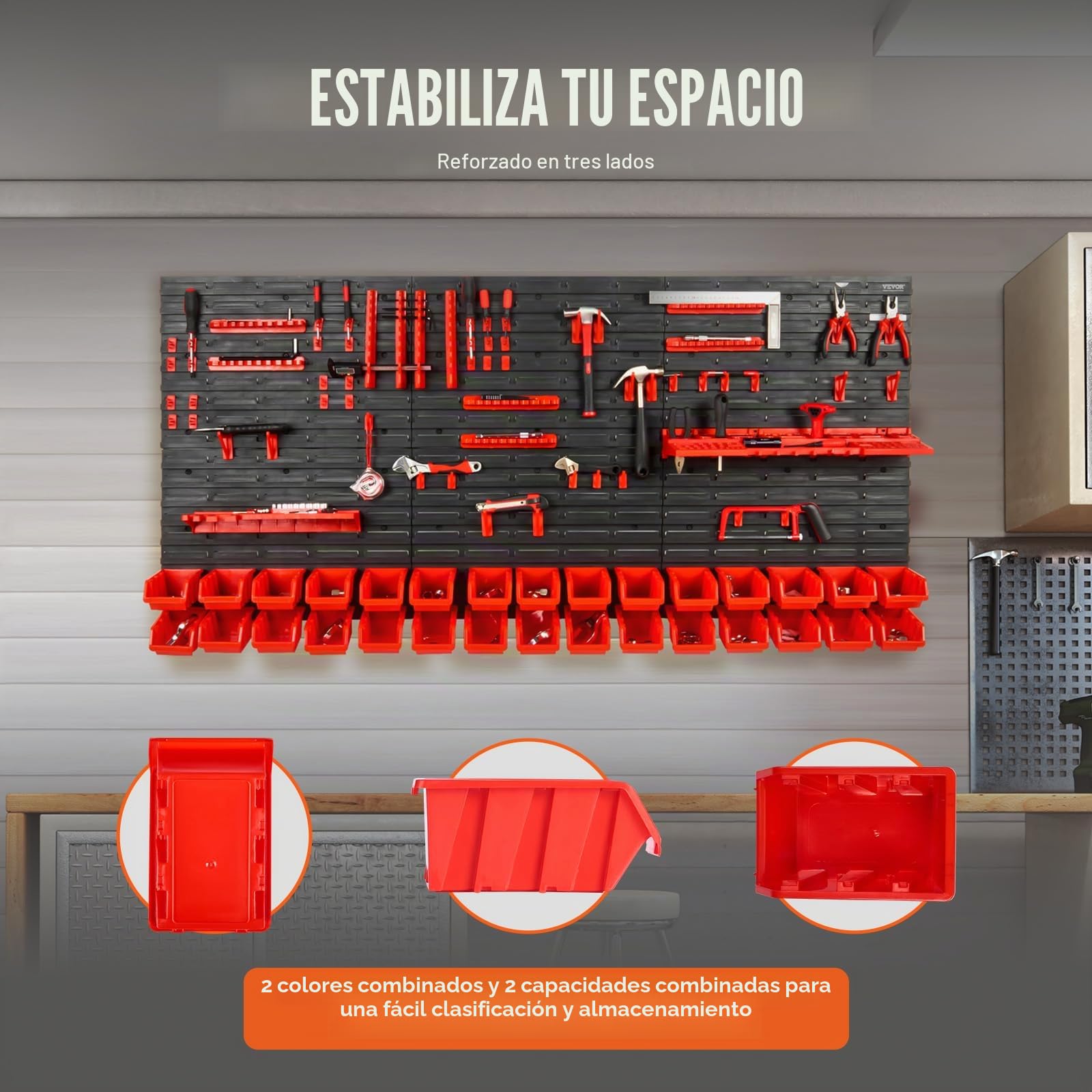 VEVOR Estante de Plástico 30 Cajas de Almacenamiento para Taller Garaje con Paneles de Pared Organizador de Herramientas para Tuercas, Pernos, Tornillos, Clavos, Botones, Piezas Pequeñas, Negro/Rojo