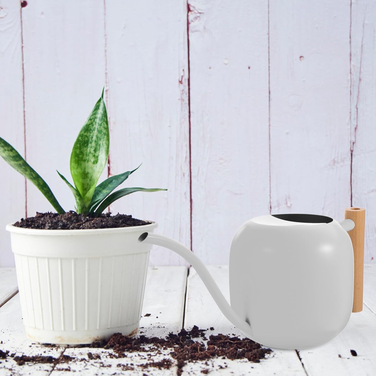 Metal Long Spout Watering Can with Wooden Handle 1200ml Indoor Garden Watering Pot for Plants and Flowers