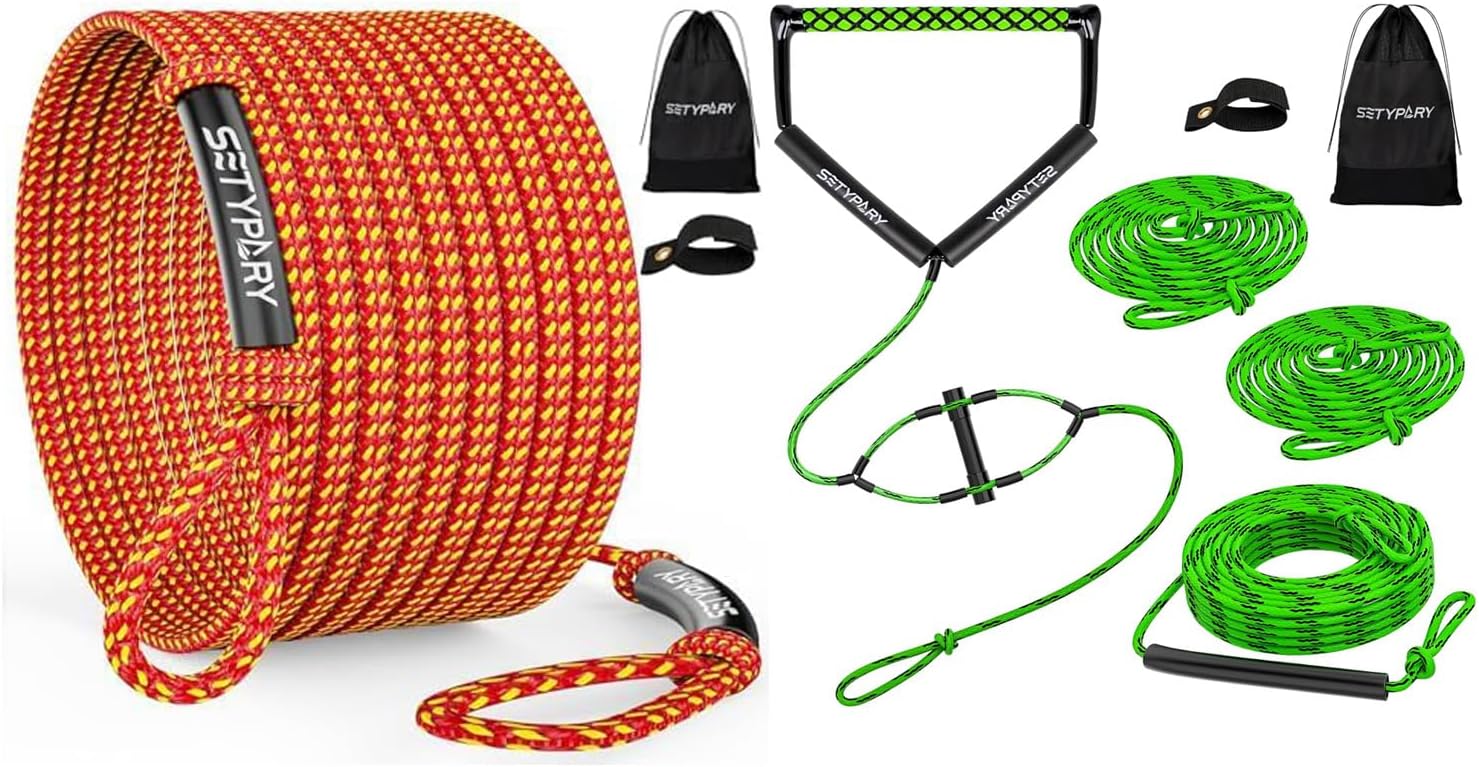 60FT & 75FT Combo: 4K Heavy-Duty Floating Tube Tow Rope for 1-4 Person Towable Tubes (Orange & Yellow) + Wakeboard Rope with Handle, 4-Section Adjustable Water Ski Rope (Green & Black)