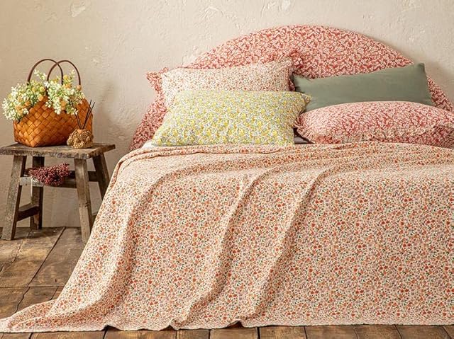 English Home Cotton Bed Throw, Breathable Quilted Throws, Floral Summer Bedspread, Lightweight Throws Coverlet for Bed Couch Sofa, Floweret 200x220 cm Amber-Pink