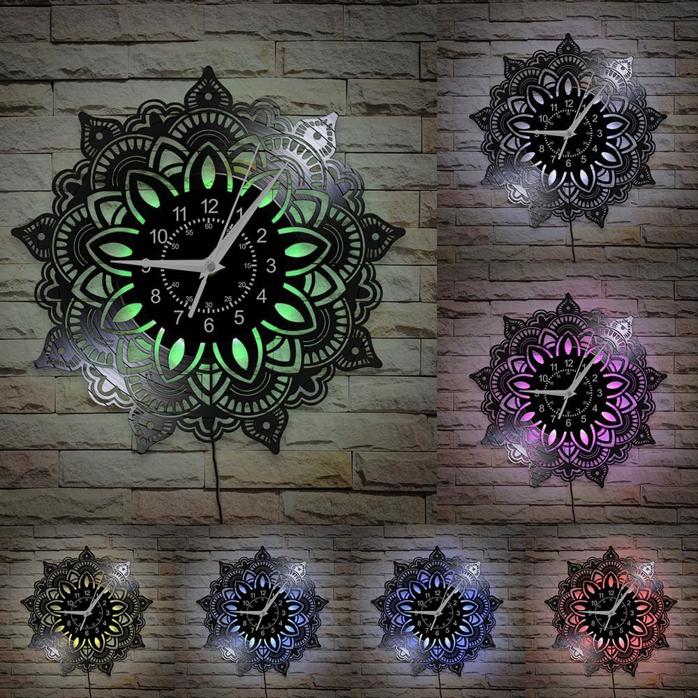 Lotus Flower Mandala Wall Clock, 7 Kinds of LED Color 12 Inch Yoga Studio Wall Clock, Silent Non Ticking Modern Decorative Vinyl Record Night Light Wall Lamp Clock for Living Room Bedroom