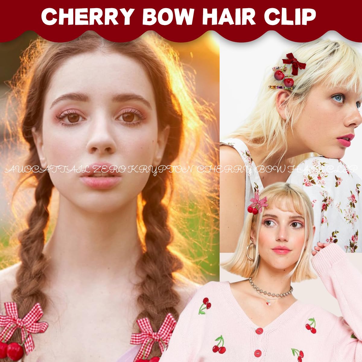 8 Pcs Cherry Bow Hair Clip Sweet Cute Rhinestone Bow Alligator Clips Red White Plaid Hair Barrettes Hair Accessories for Women Girls Christmas Hair Decoration - Image 4