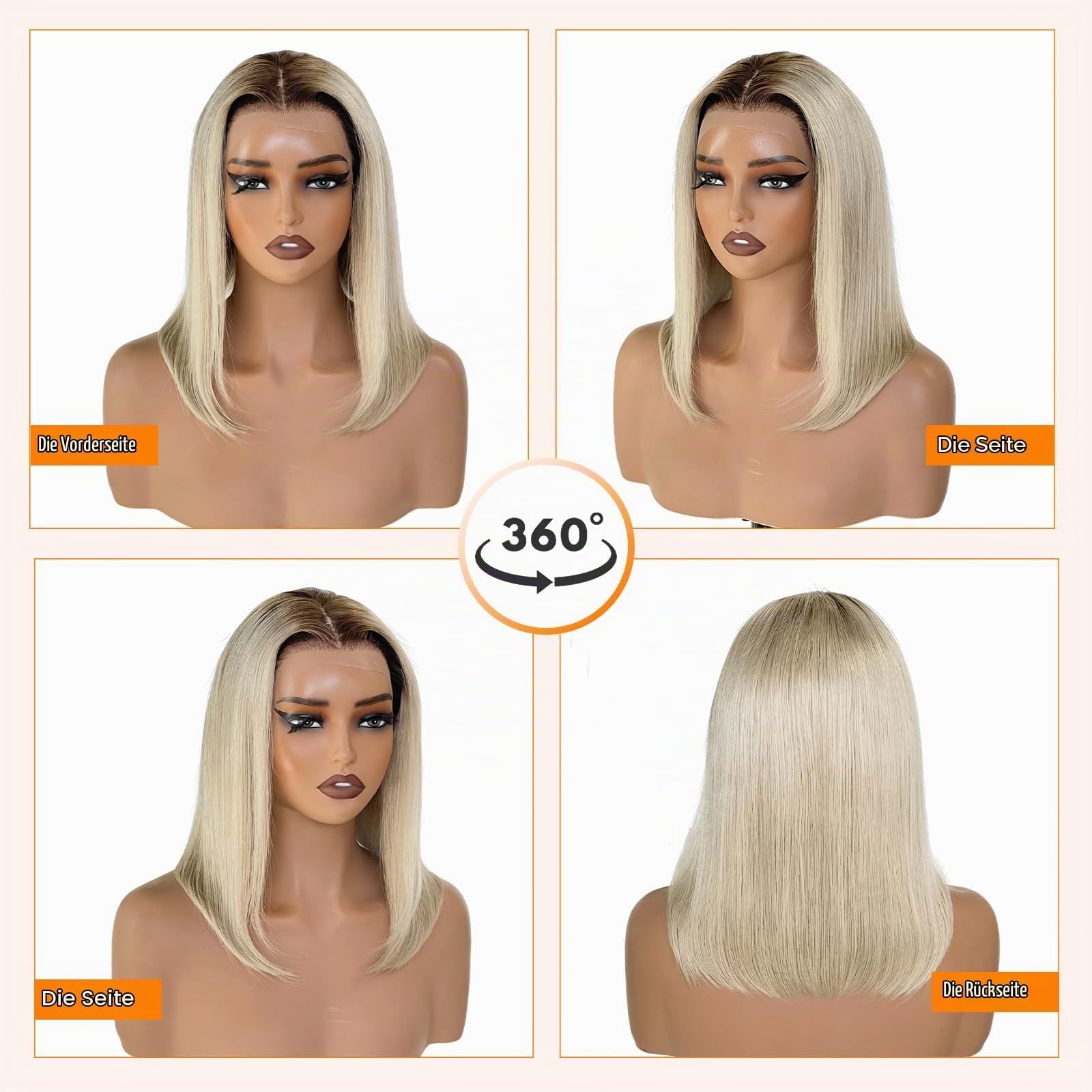 Dichte 200% Perücke Echthaar Aschblond mit hellbraunen Ansätzen 13x4x1 Spitzenfront Perücken aus 100% Remy EchthaarLänge 30 cm für Blond Perücke Damen Alltag Party Chemotherapie Human Hair Wigs
