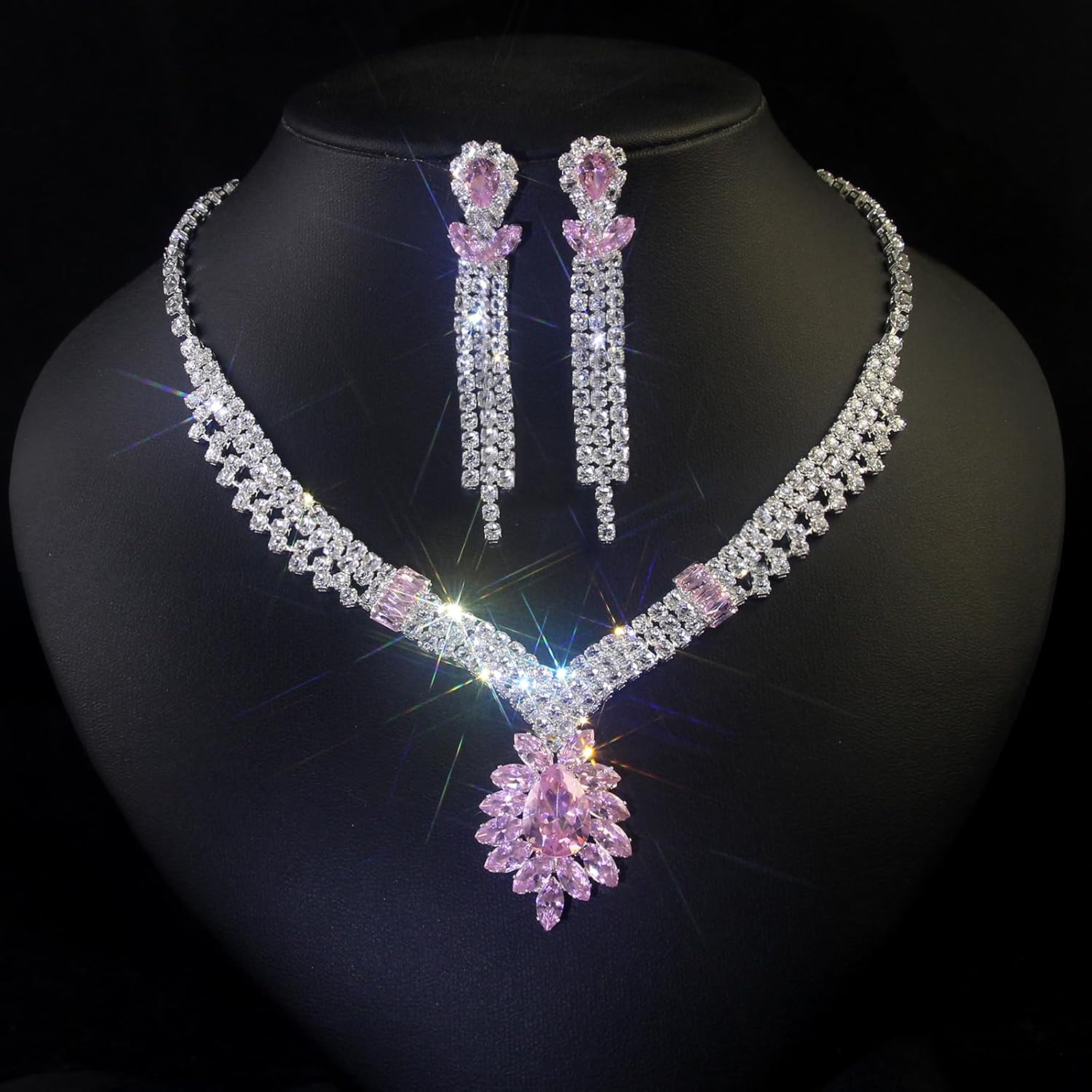 Dazzelunelle Elegant Crystal Statement Necklace and Earrings Set – Sparkling Rhinestone Choker with Matching Drop Earrings for Wedding, Prom, or Formal Events – Silver Tone Bridal Jewelry Gift