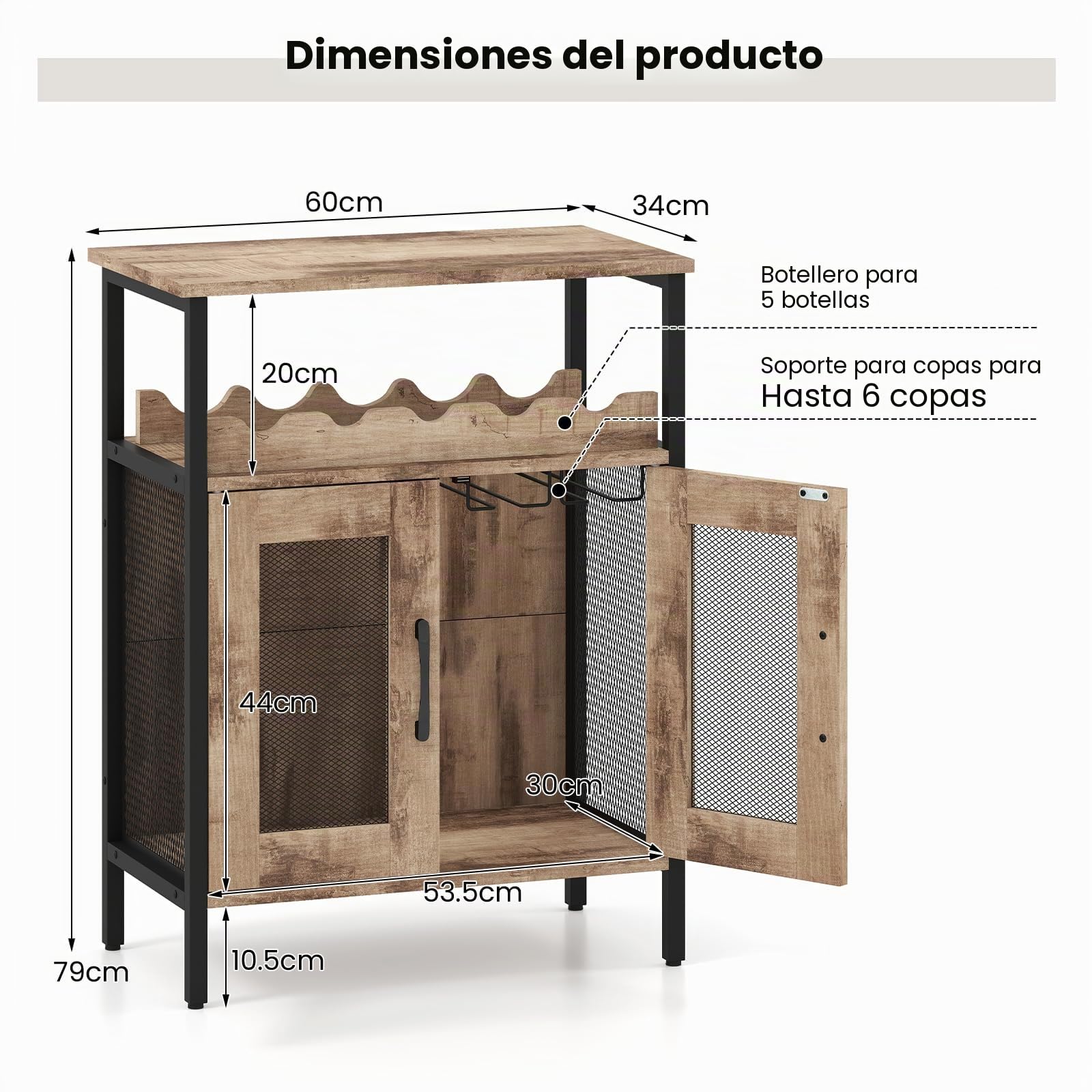 GIANTEX Aparador Cocina para Vinos, Armario con Portabotellas y Portavasos Extraíble, 60 x 34 x 79 cm, Mueble de Almacenamiento con Puertas de Malla de Metal, para Salón, Comedor, Bar (Gris)