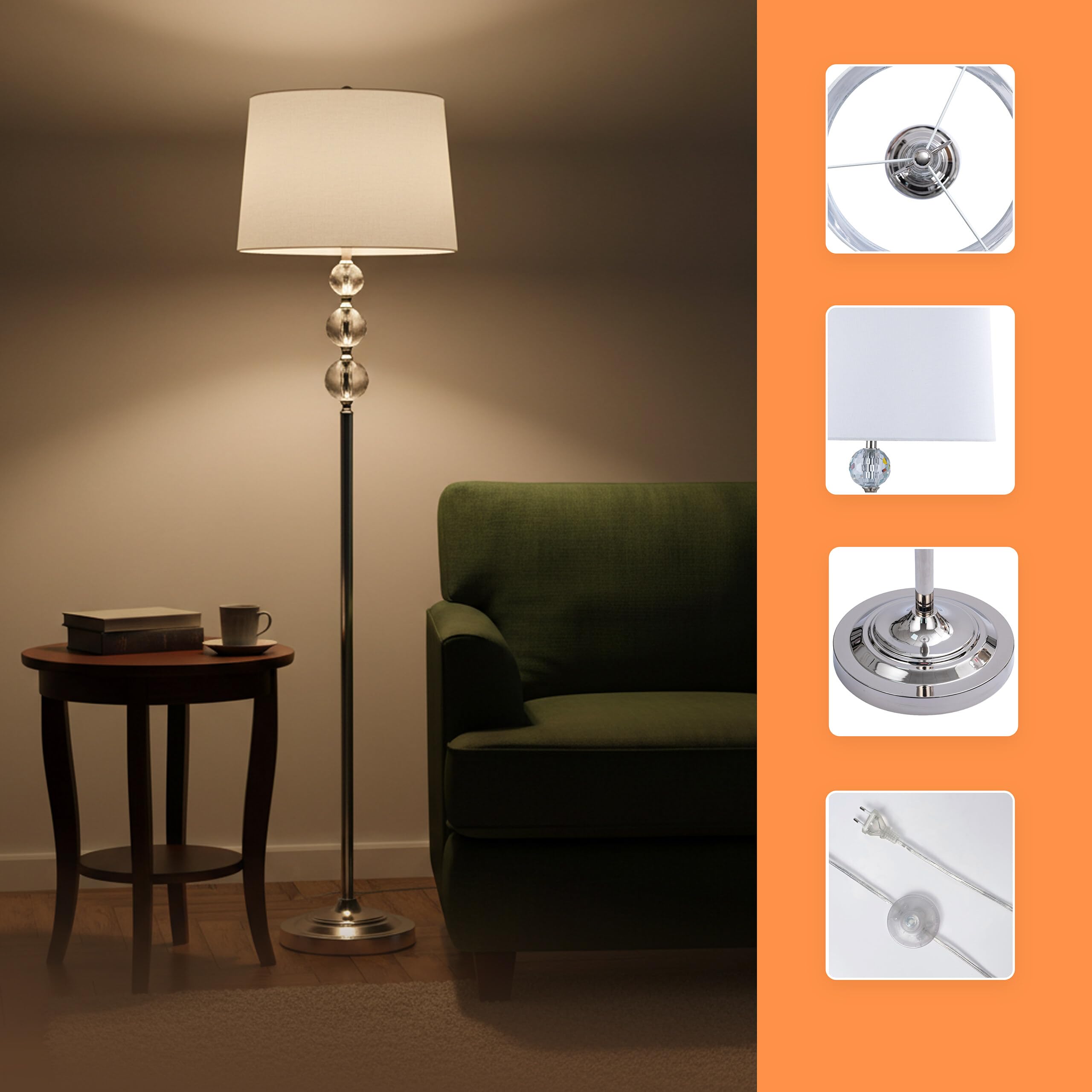 Relaxdays Lampada da Terra, Paralume in Tessuto, Metallo, E27, 155x35,5 cm, Effetto Cristallo
