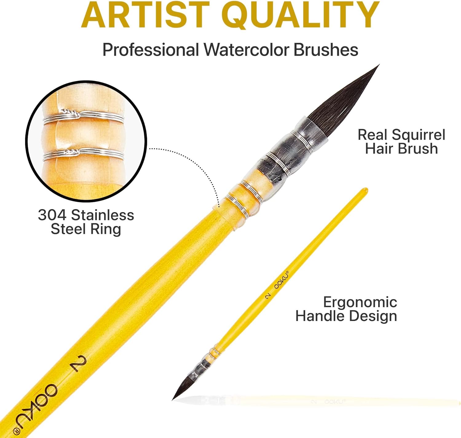 OOKU Professional Quill Brush for Watercolor Painting - Real Squirrel Hair Blend, Short Handle Round Brush for Consistent Flow in Gouache, Watercolor, and Art Painting