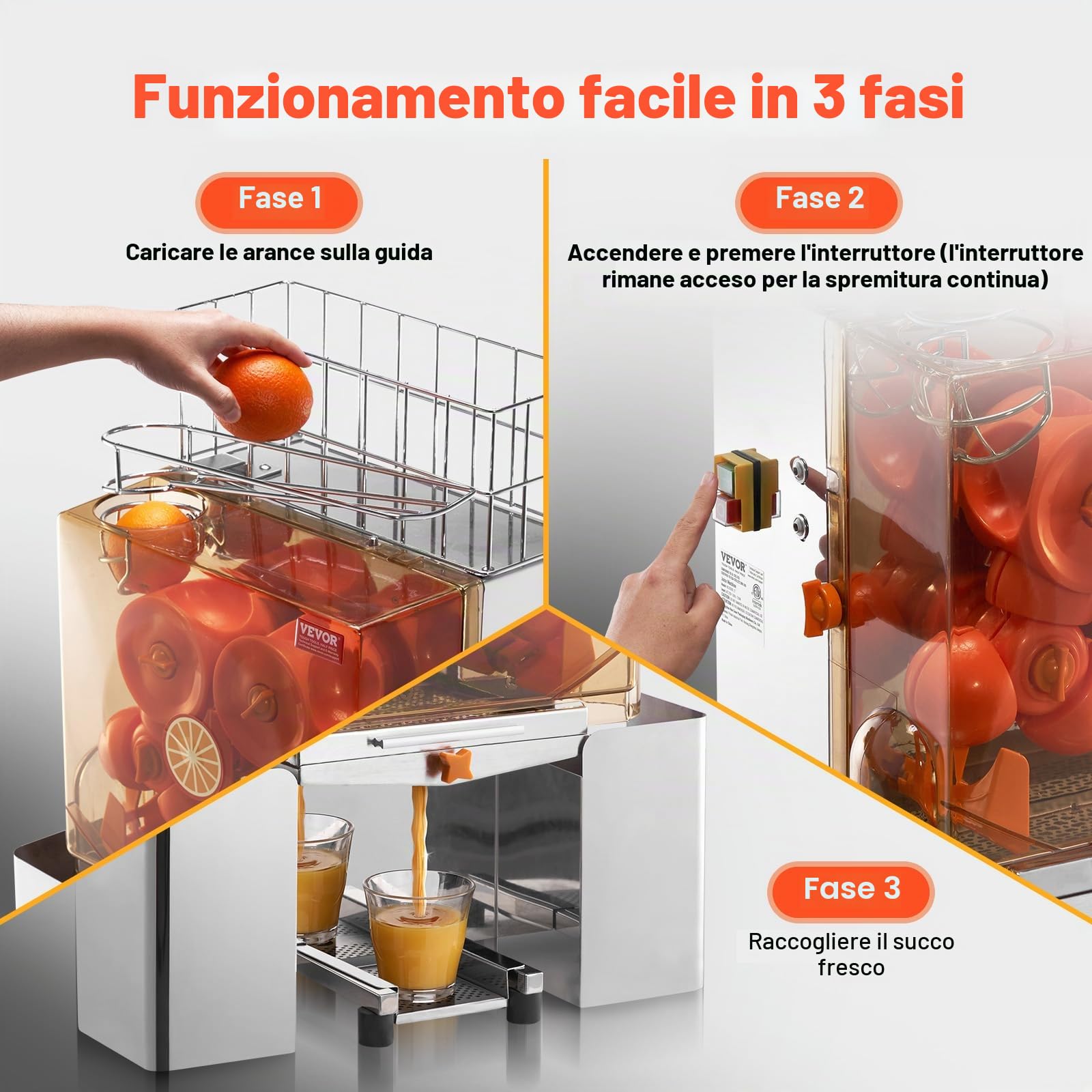 VEVOR Spremiagrumi Elettrico Commerciale 120 W, Estrattore di Succo Alimentazione Automatica con Filtro Estraibile e Secchio Raccolta Buccia per Pompelmo Arancia da Ristorante Caffetteria Bar Feste