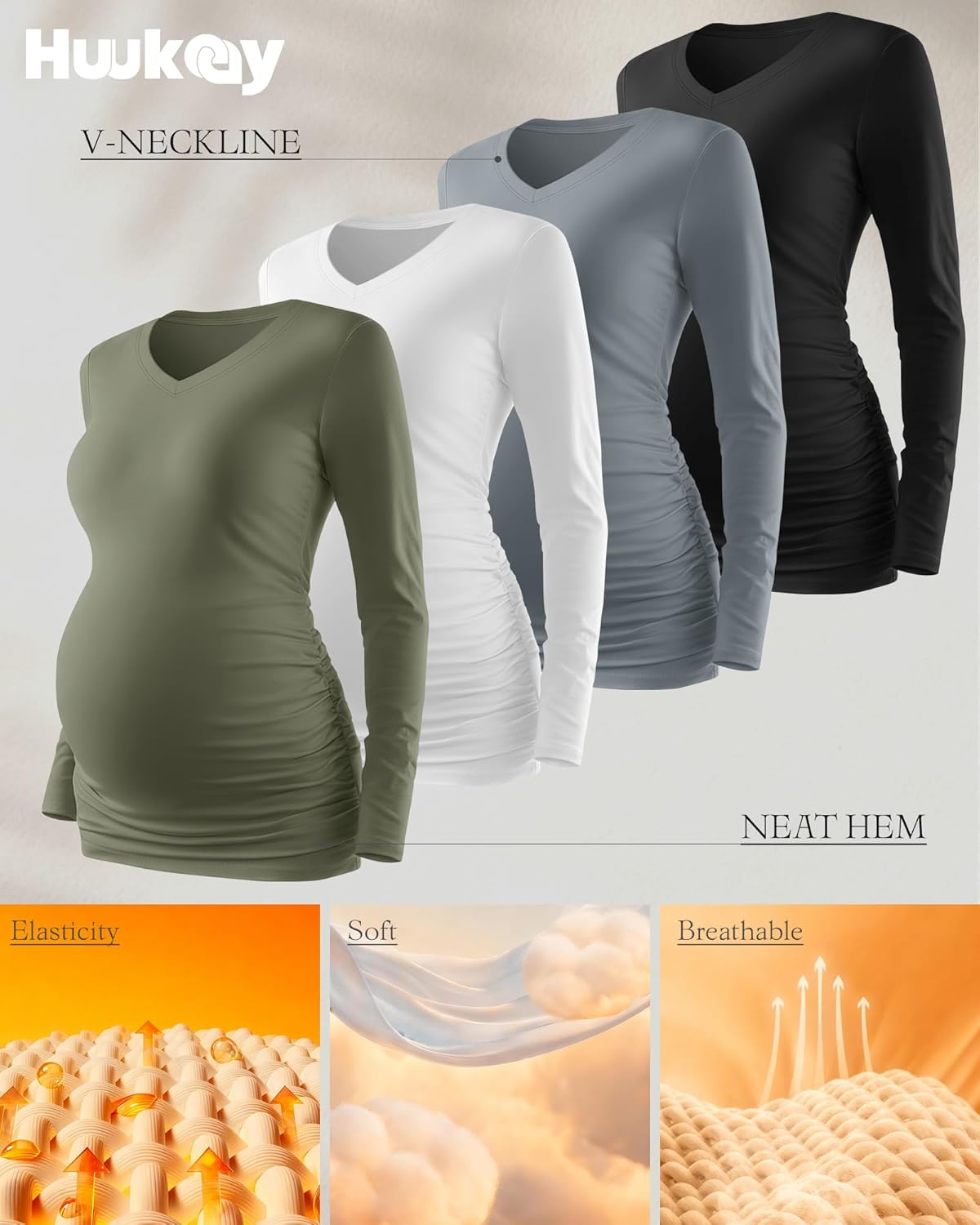 Huukeay 4 Pack Women's Maternity Shirts Long Sleeve V Neck Pregnancy Tops Side Ruched Casual Mama Clothes Basic Tunic T-Shirt - Image 3