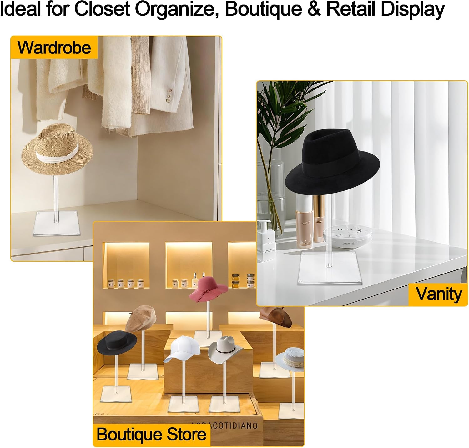 4 Pack Acrylic Hat Display Stand, 12” to 17" Adjustable Height Hat Holder Rack with Square Base, Clear Pedestal Hats Stand for Wig, Baseball Cap, Jewelry, Watch, Helmet Showcase